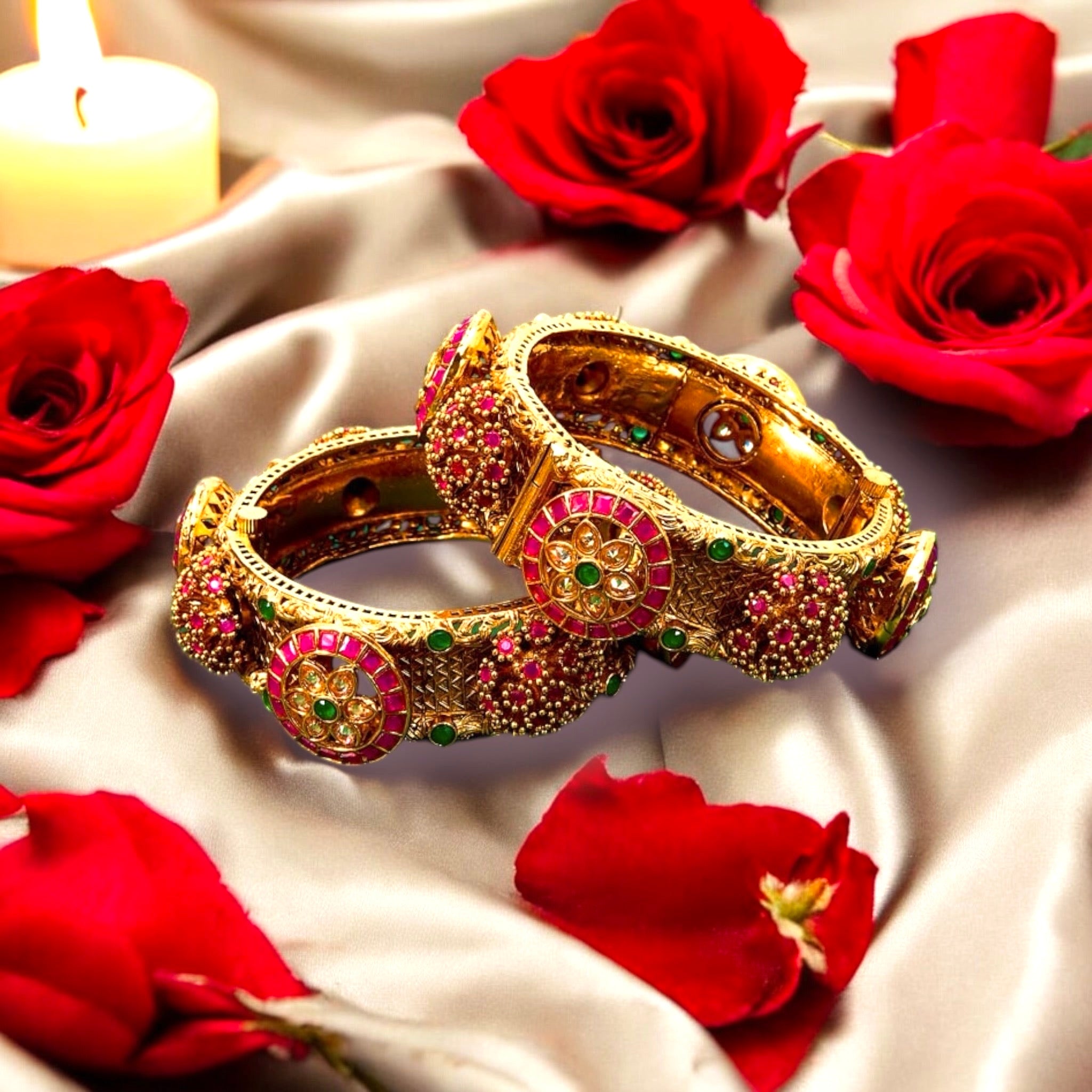 Lavish Giftz Antique Gold Plated Floral Intricate Designer Bangles With Ruby & Green Stones