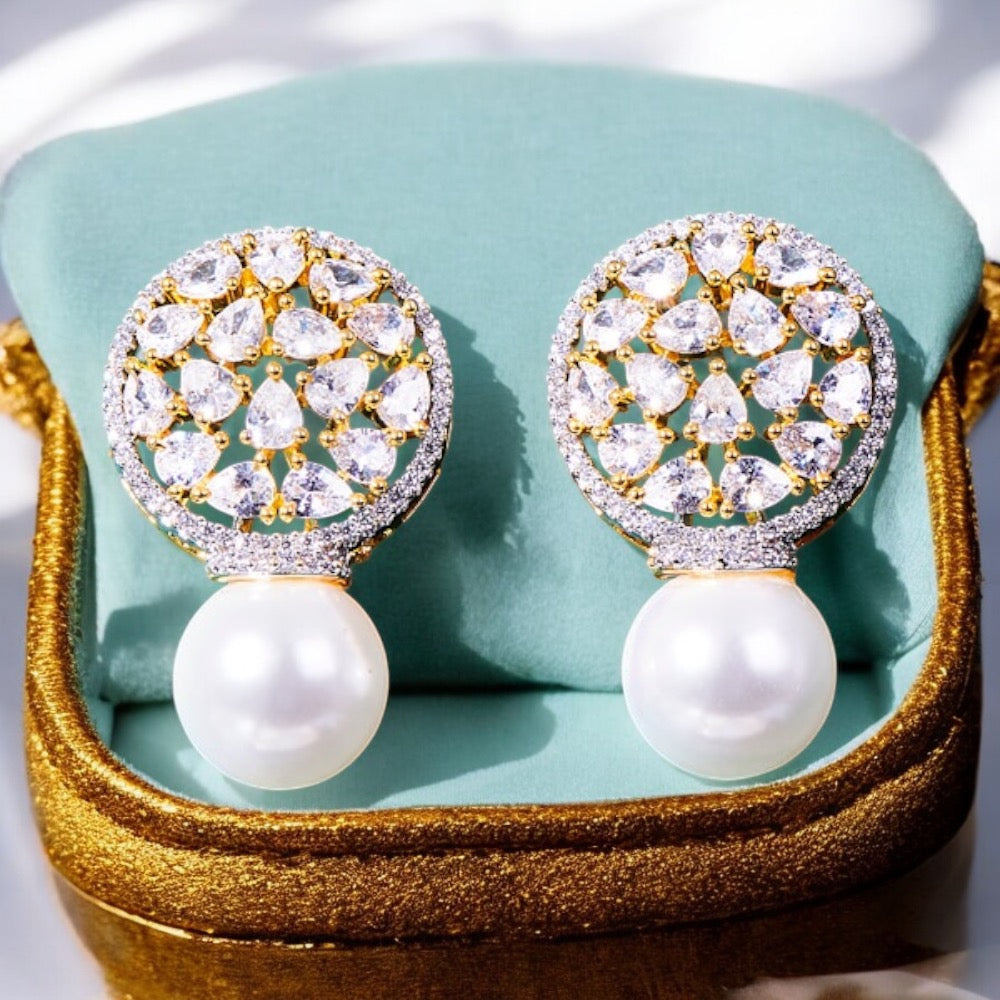 Lavish Giftz Cubic Zirconia Classic Earring with Pearl and Two-Tone Plating