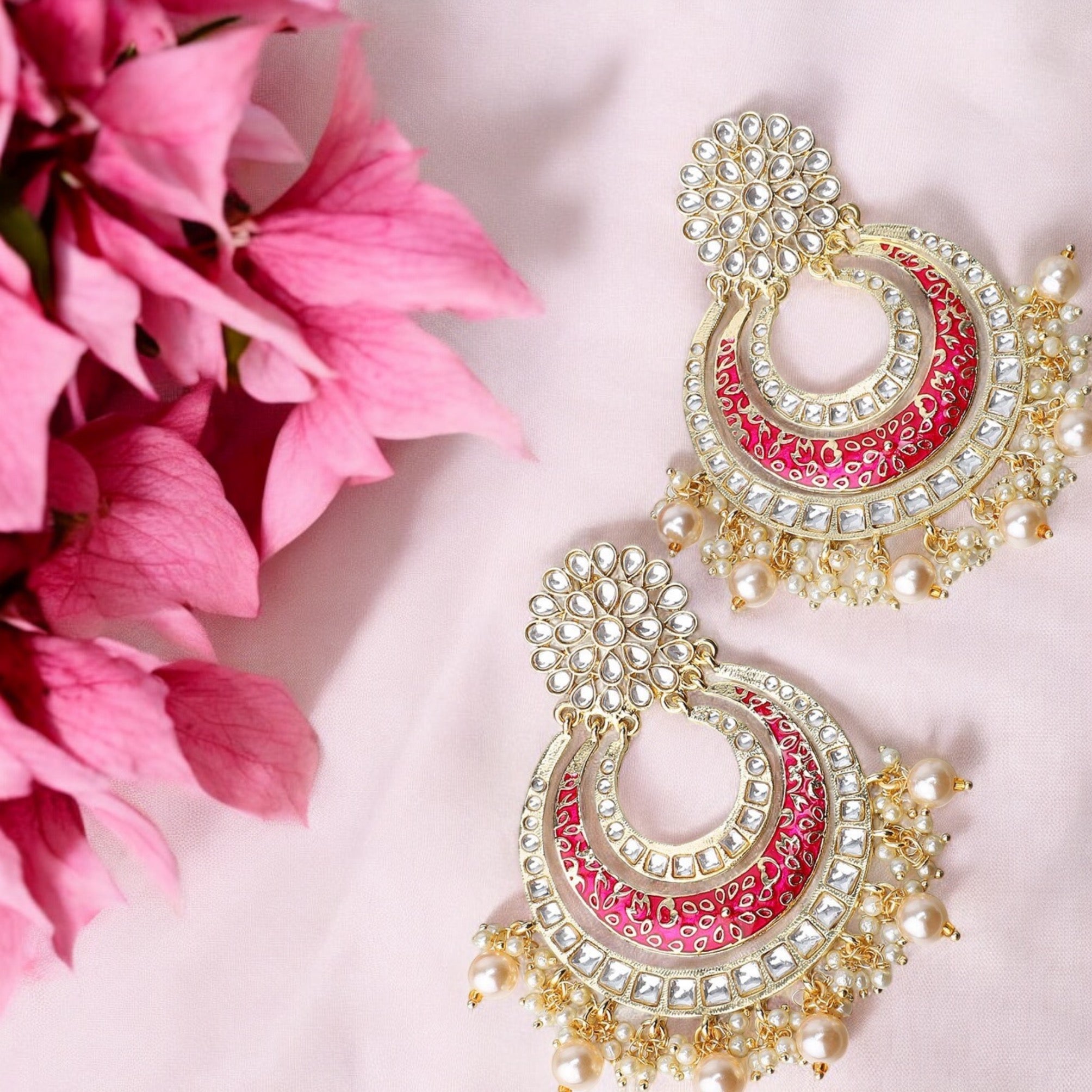 Lavish Giftz Gold Plated Pink Enamelled Meenakari Chandbalis Earrings