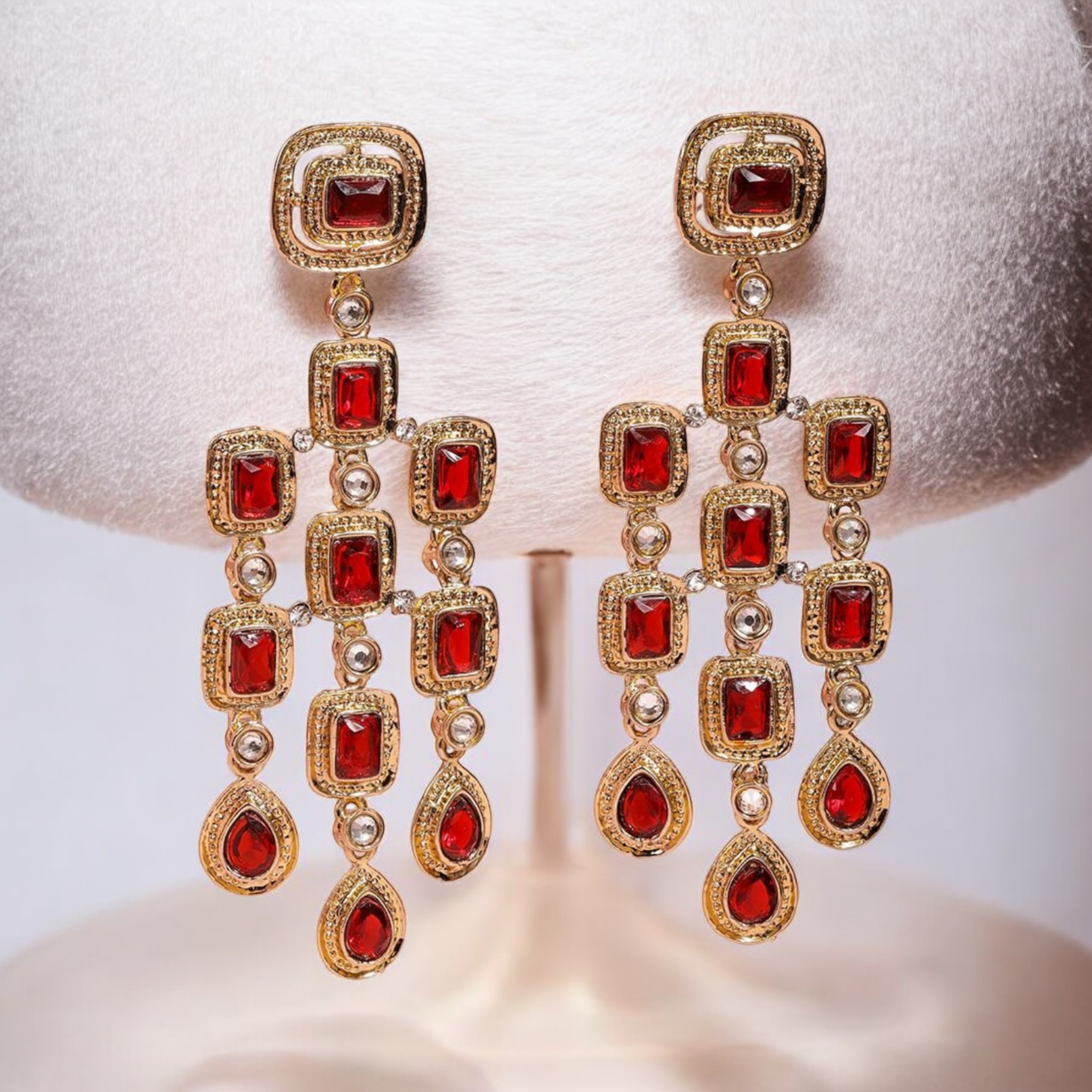 Lavish Giftz Gold Plated Ruby Red Zirconia Studded Dangle Earrings
