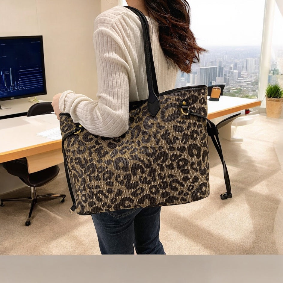 Leopard Print Oversized Canvas Black Tote Bag