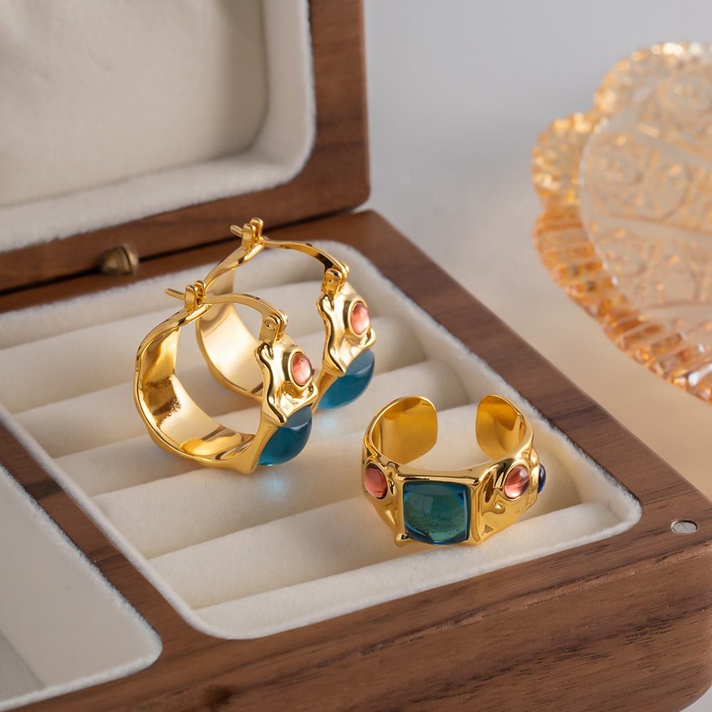 Lavish Giftz Roxana French Luxury Adjustable Turquoise Blue Red Contrast Ring