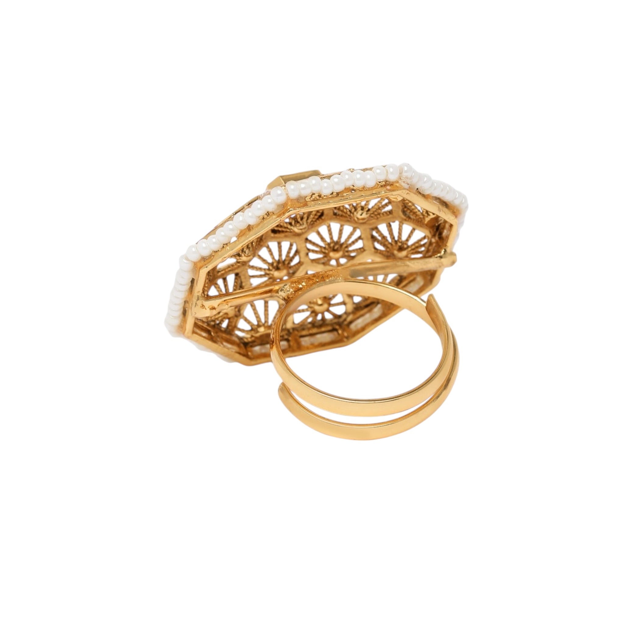 Lavish Giftz Gold-Plated Antique Adjustable Kundan Handcrafted Finger Ring With Pearl Accents