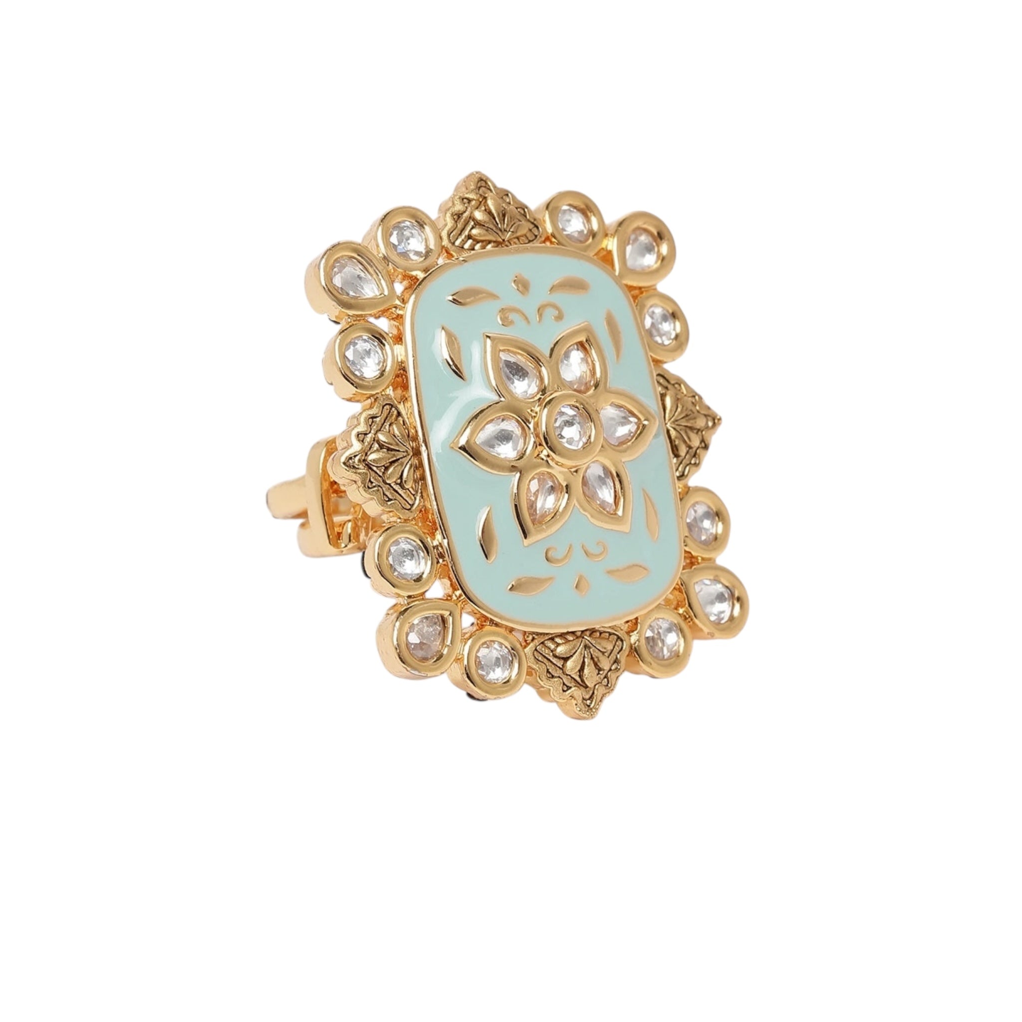 Lavish Giftz Gold-Plated Aqua Classic Kundan Stone Studded Handcrafted Finger Ring