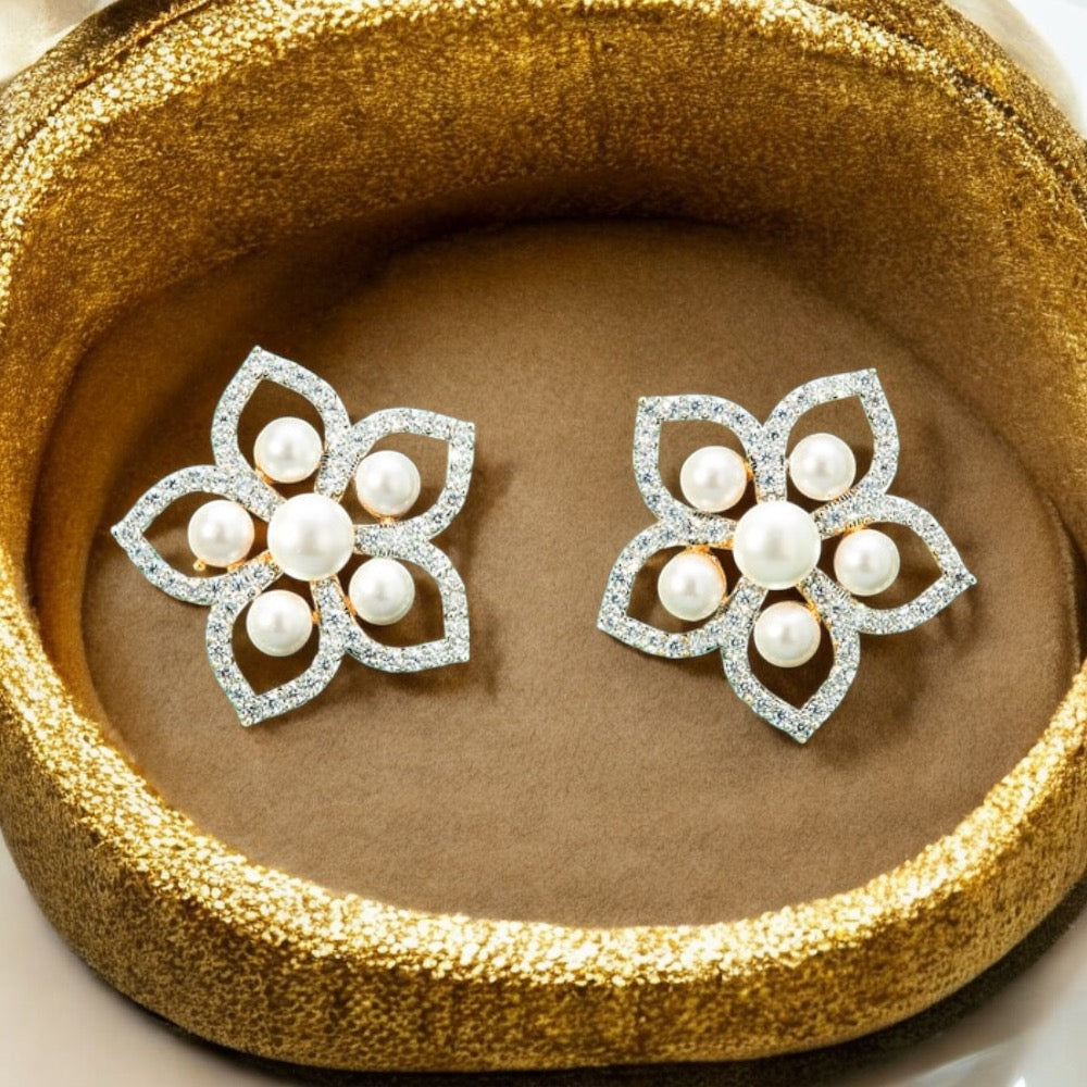 Lavish Giftz Pearl Cubic Zirconia Stud Earrings With Two-Tone Rhodium Plating