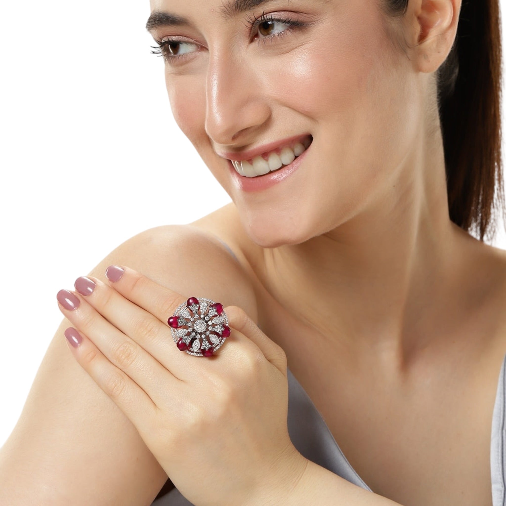 Lavish Giftz Adjustable Cubic Zirconia Rani Statement Ring With Black Plating