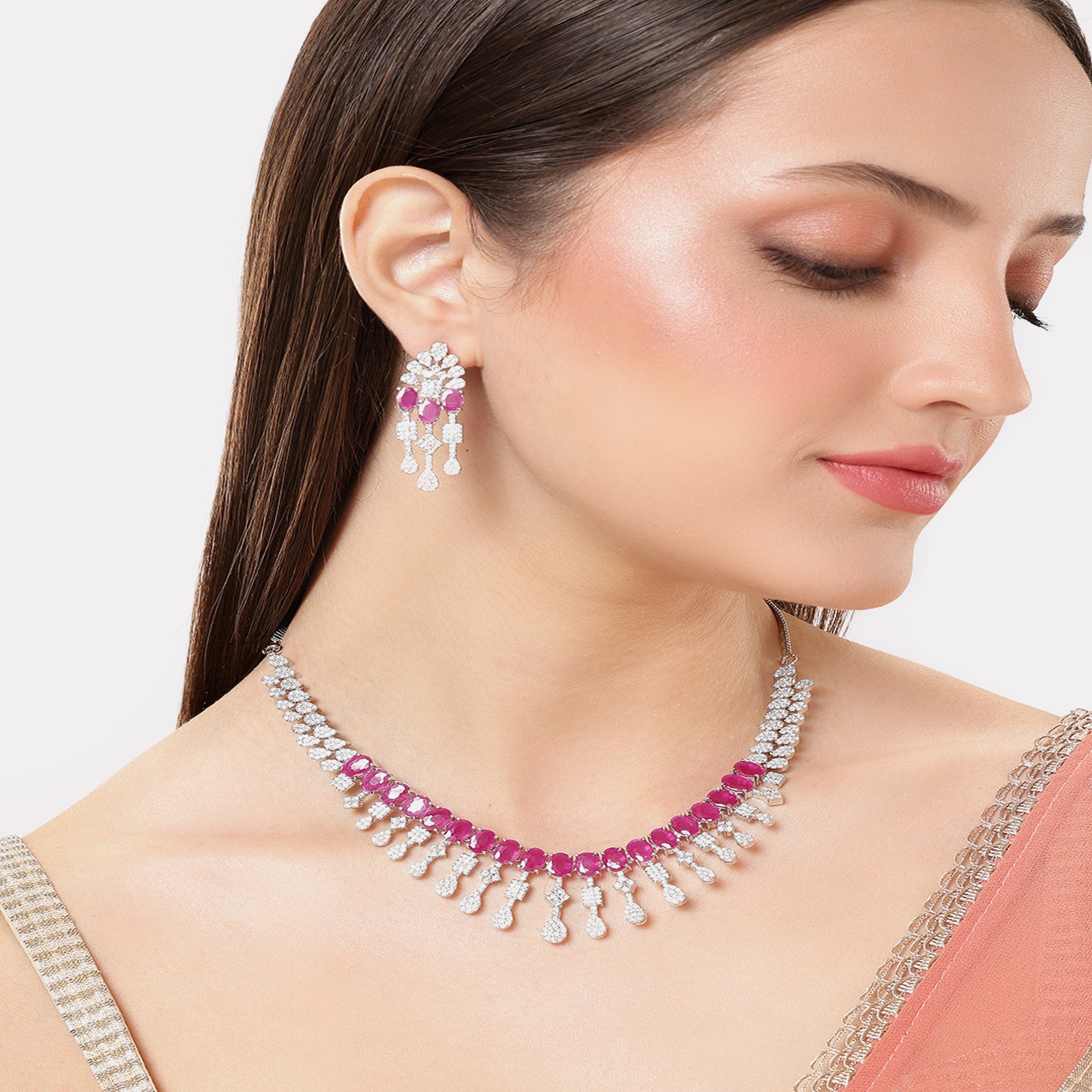 Rhodium-Plated Silver-Toned & Ruby AD-Studded Jewellery Set