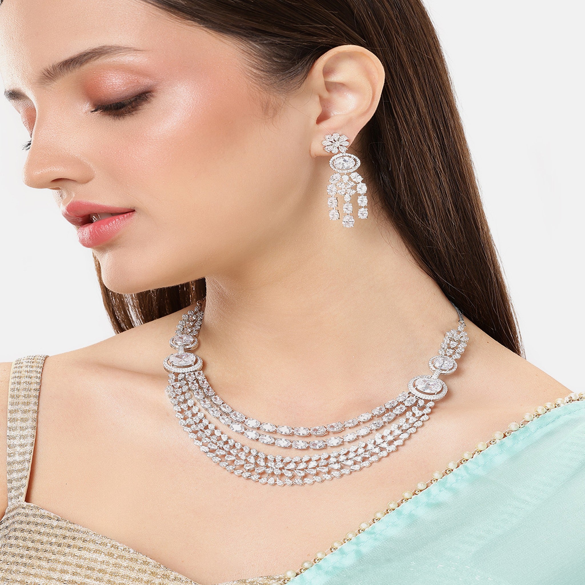 Rhodium-Plated Silver-Toned & White AD-Studded Jewellery Set