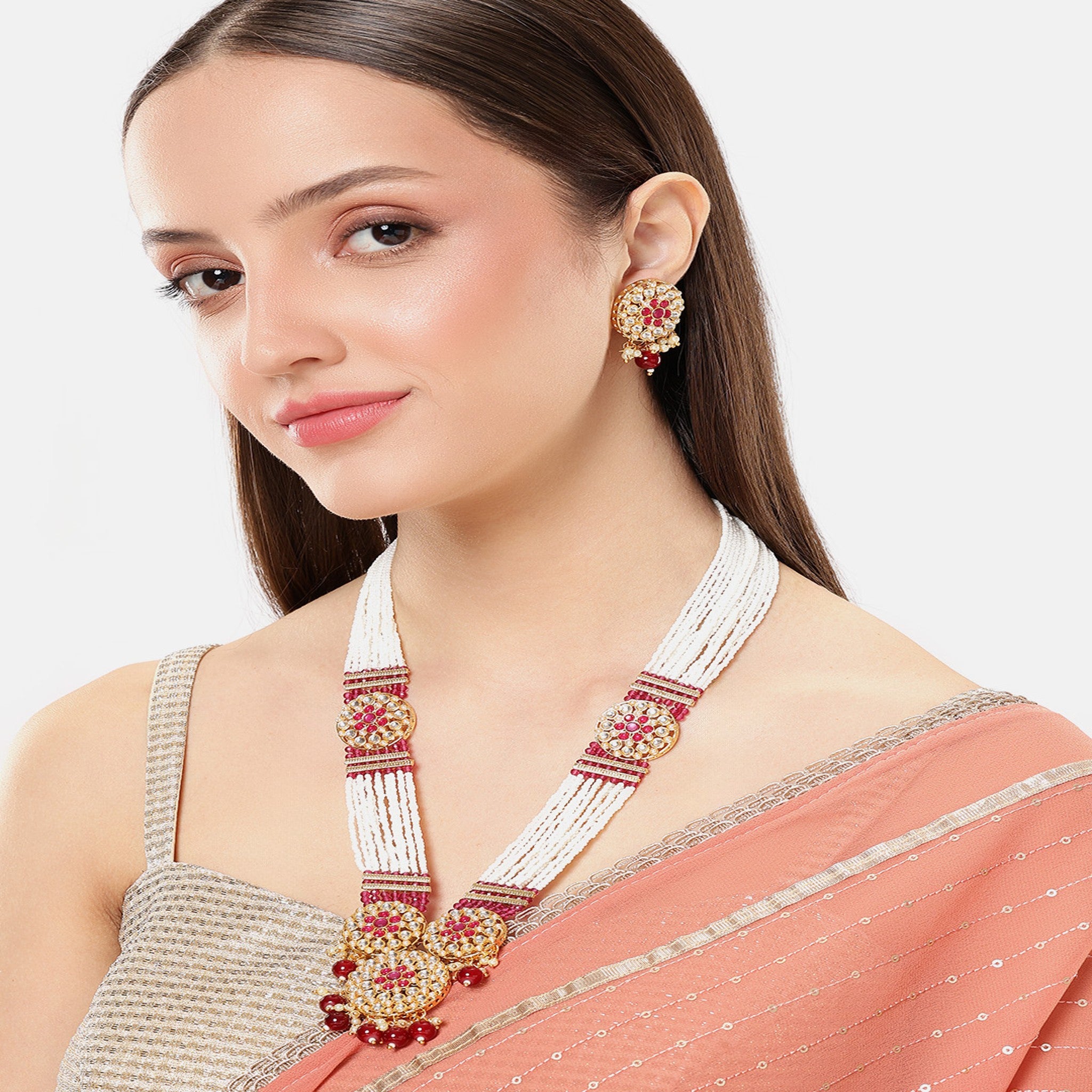 Gold Plated White Ruby Beaded Mala Necklace Set