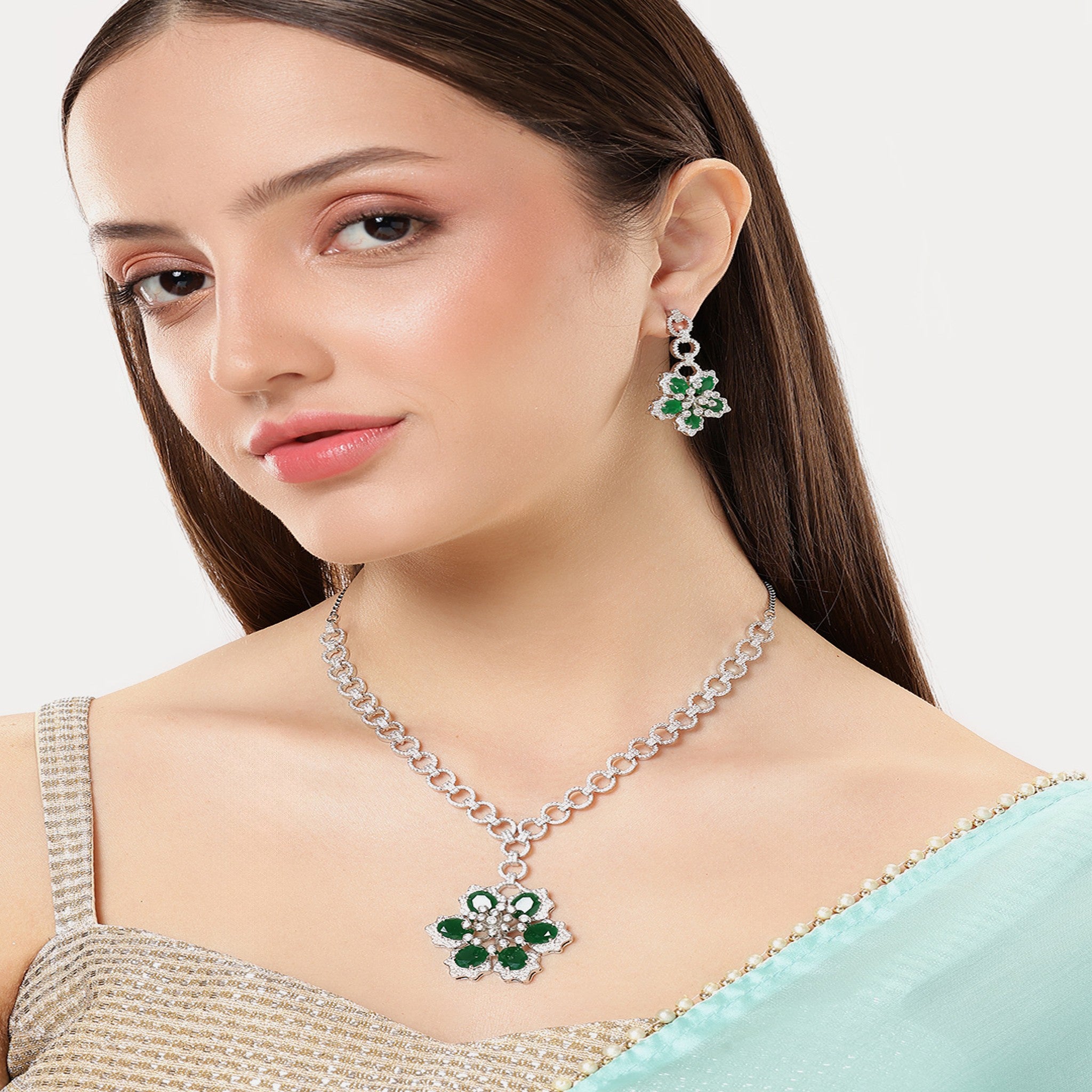 Rhodium-Plated Silver-Toned & White & Green AD-Studded Jewellery Set