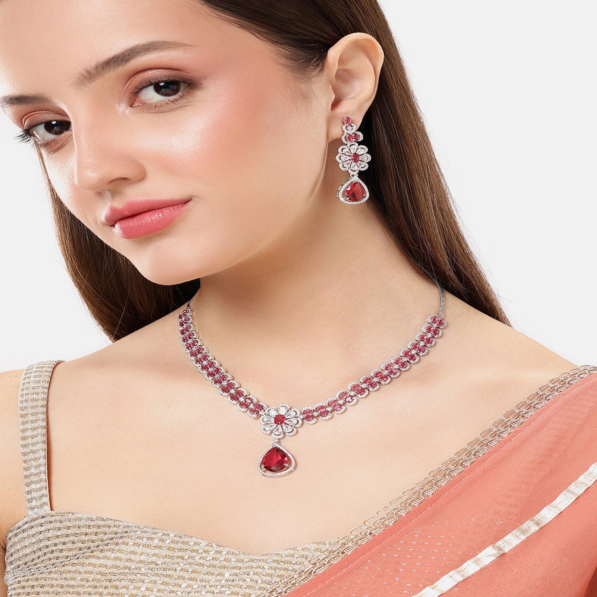 Rhodium-Plated Silver-Toned & Rani Pink AD-Studded Jewellery Set