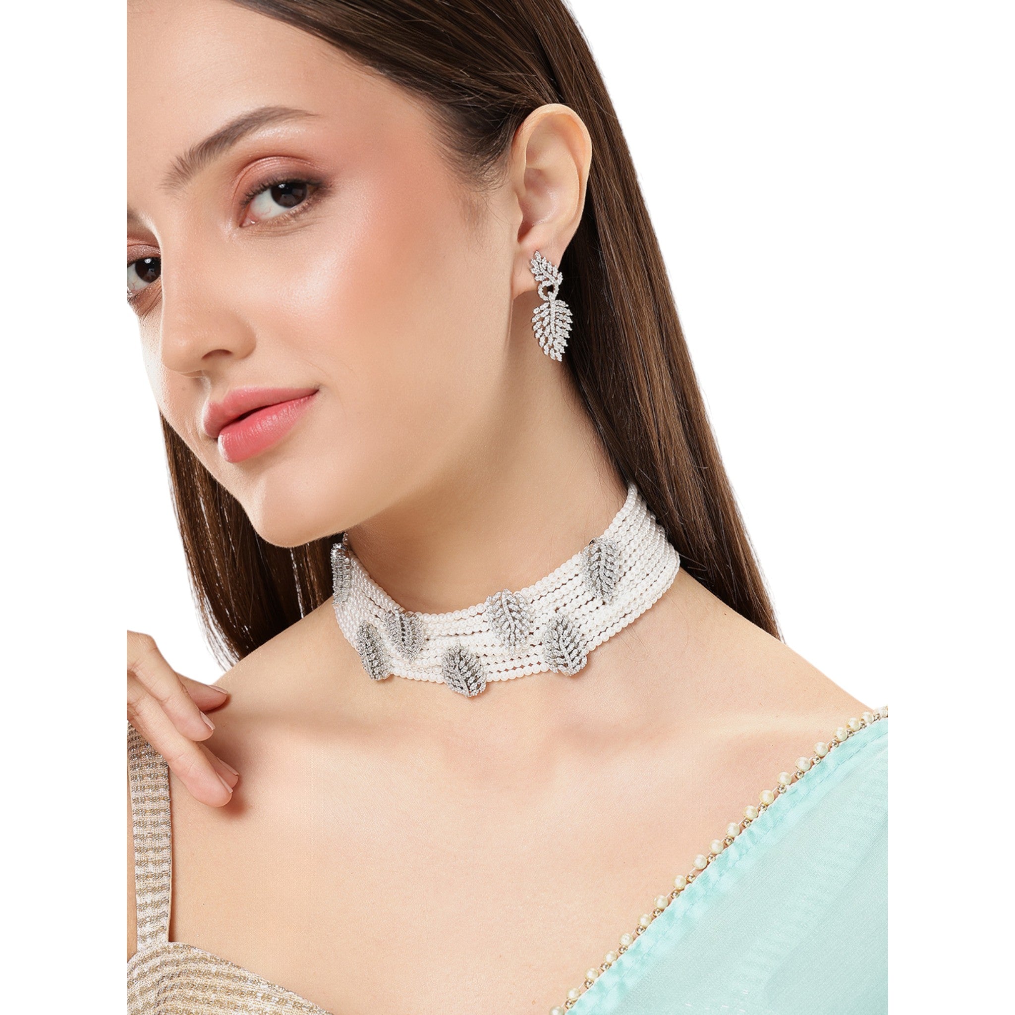 Rhodium-Plated White Choker AD-Studded Jewellery Set