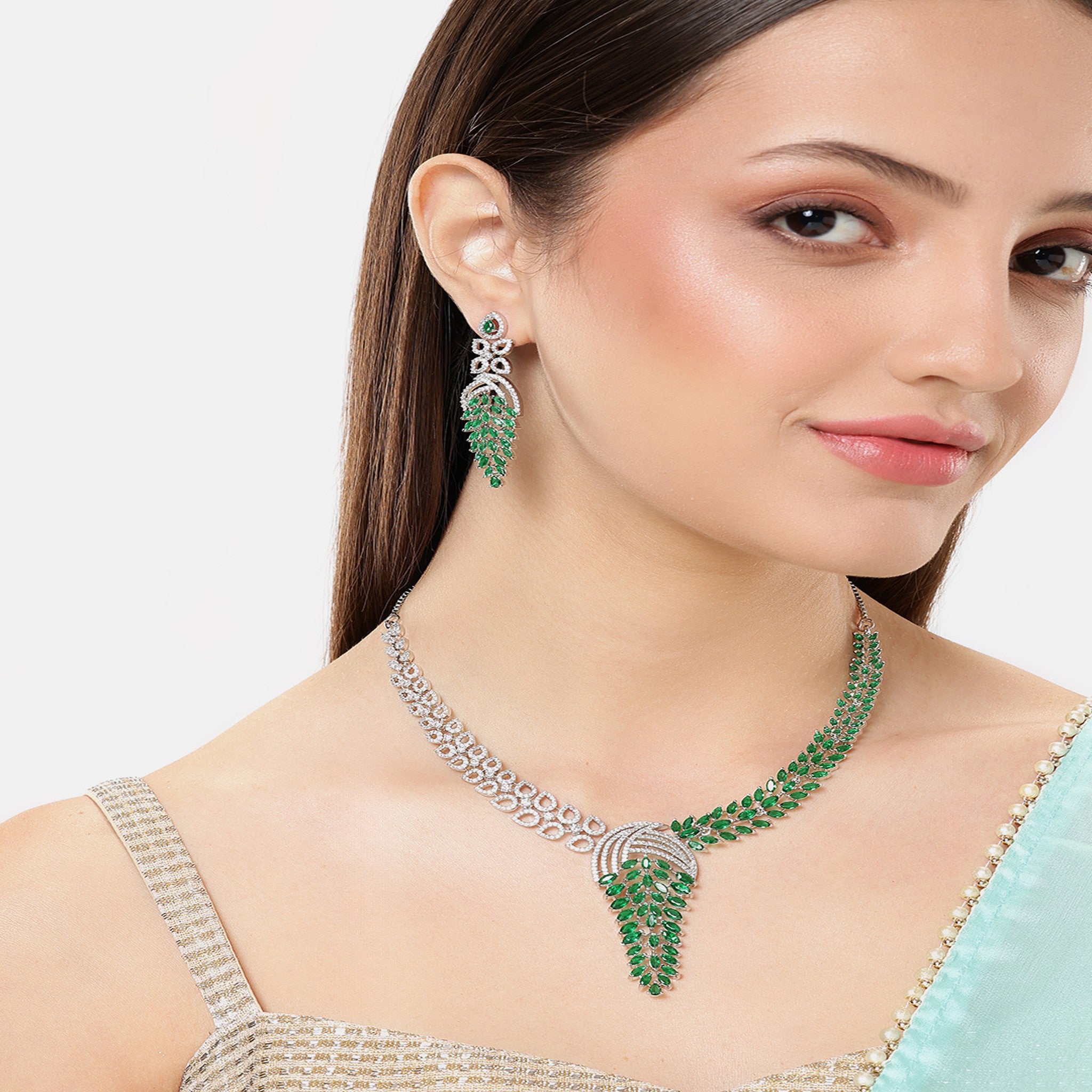 Rhodium-Plated White & Green AD-Studded Jewellery Set