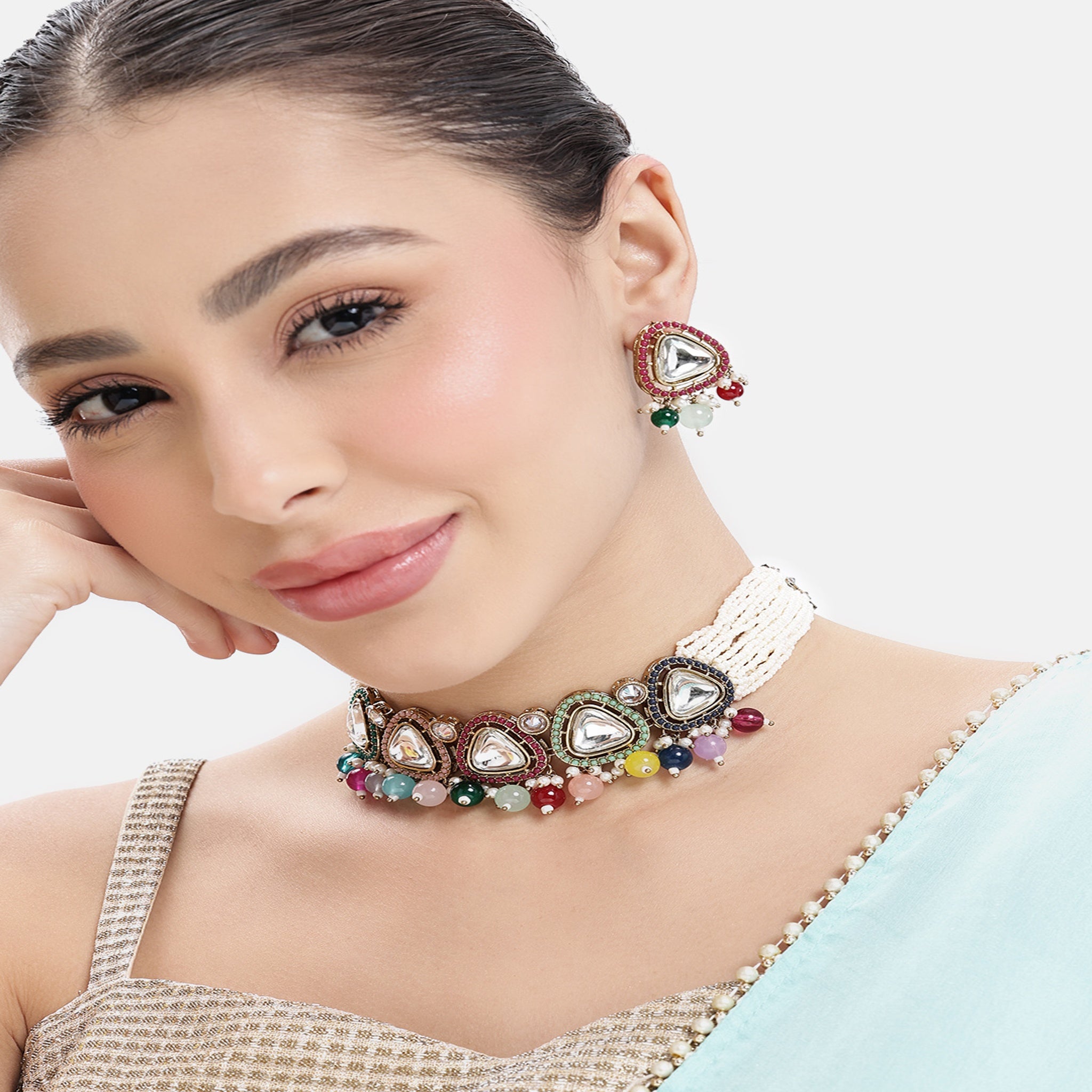 Gold Plated Multi-Color Choker Necklace Set