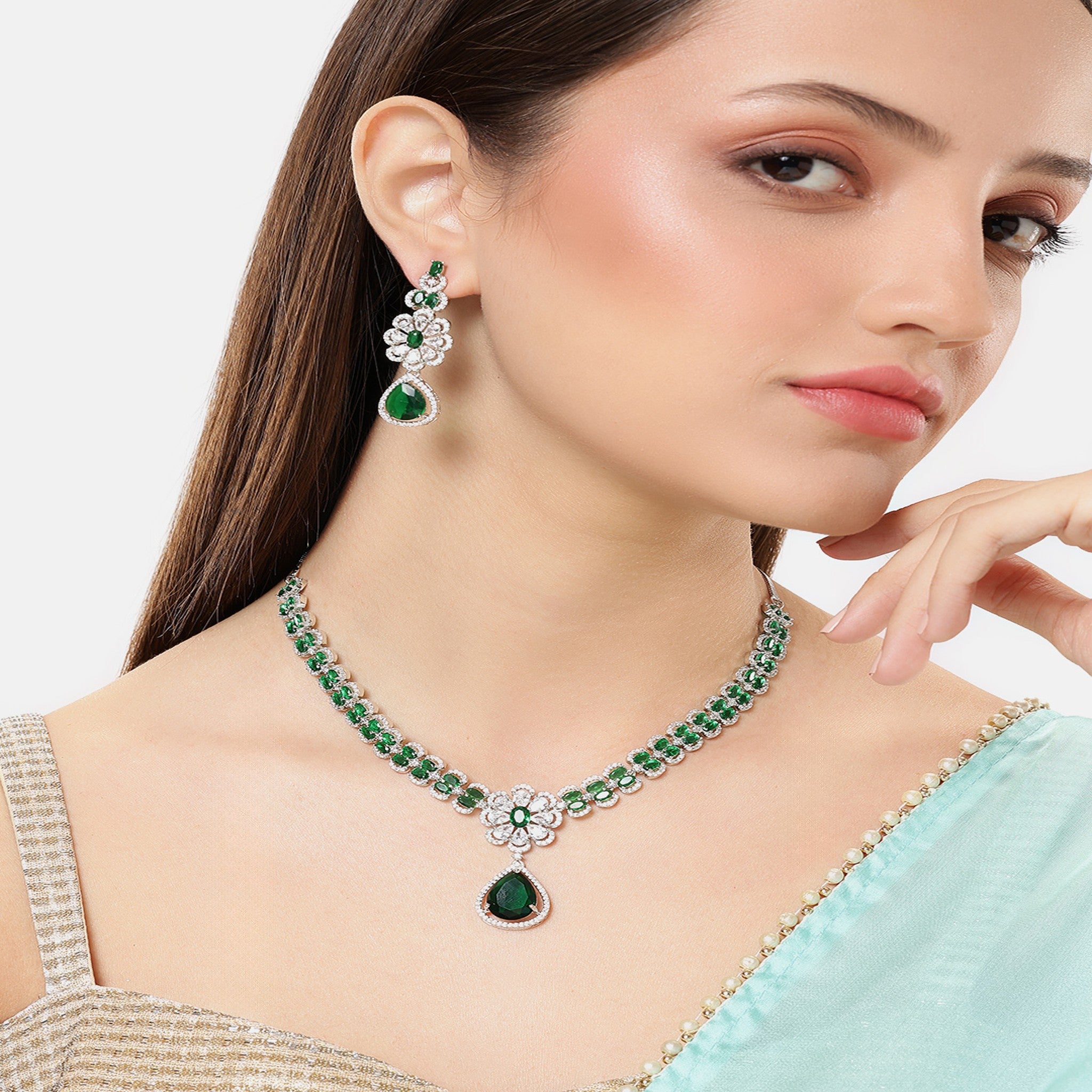 Rhodium-Plated Silver-Toned & Green AD-Studded Jewellery Set