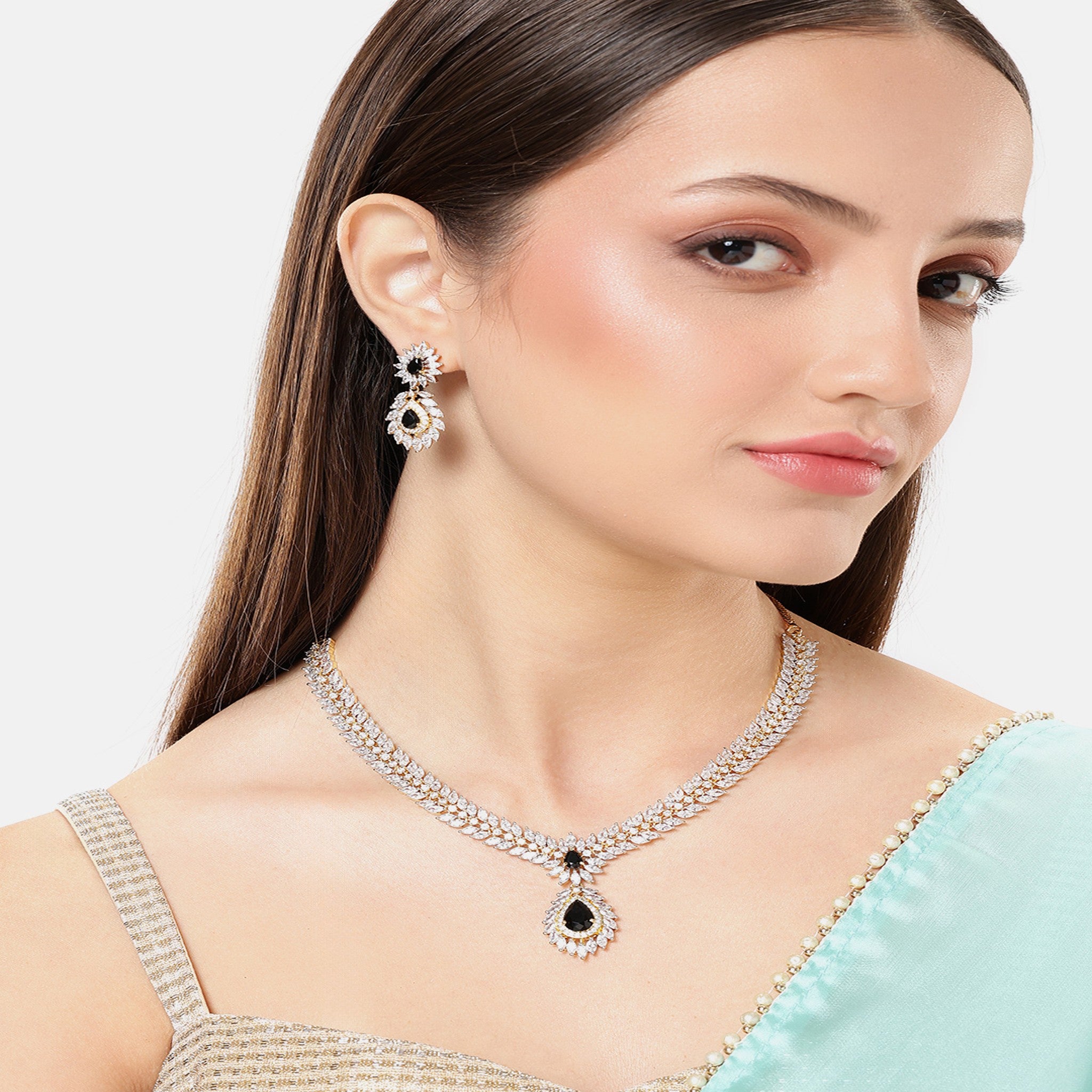 Gold Plated Black AD-Studded Jewellery Set