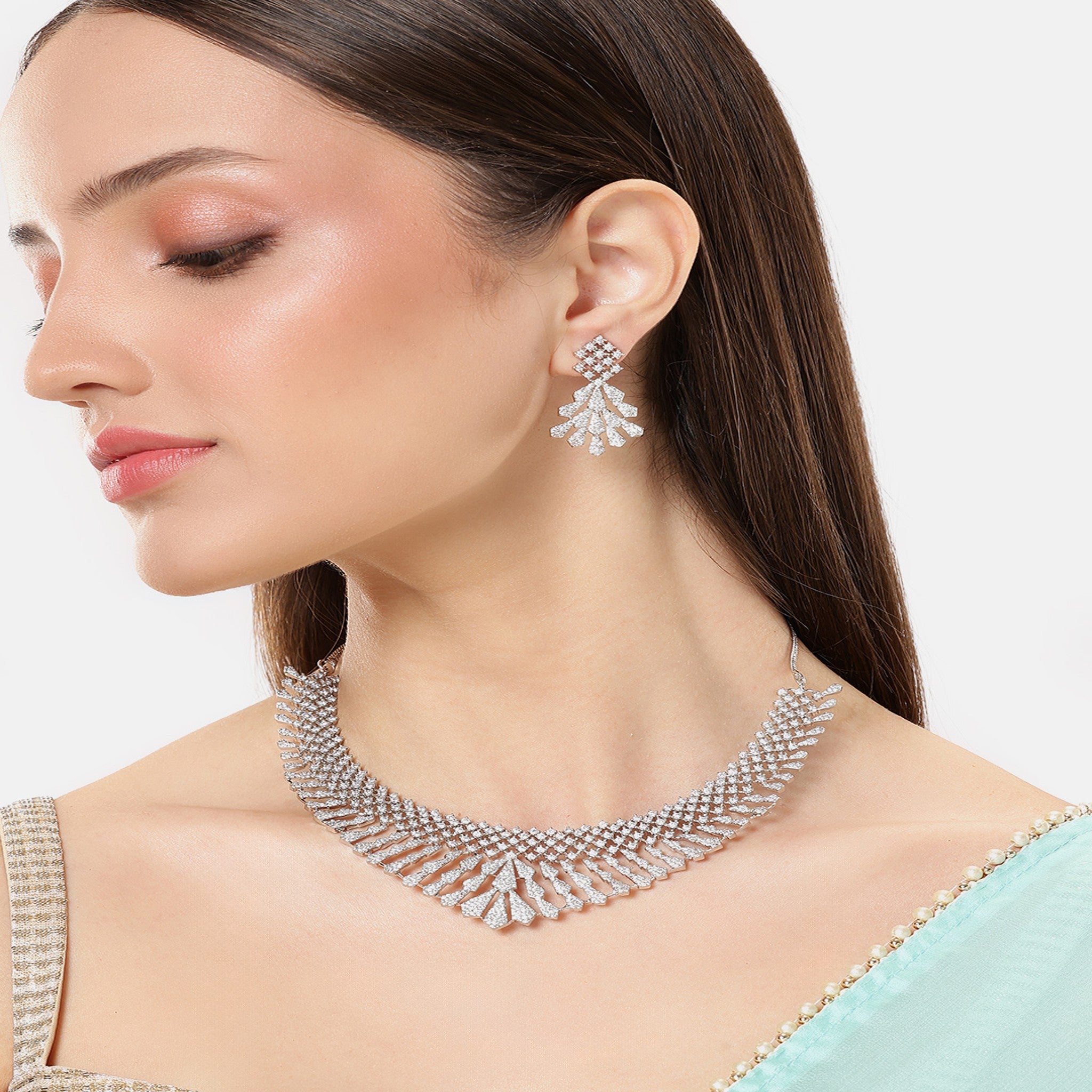 Rhodium-Plated AD-Studded Jewellery Set