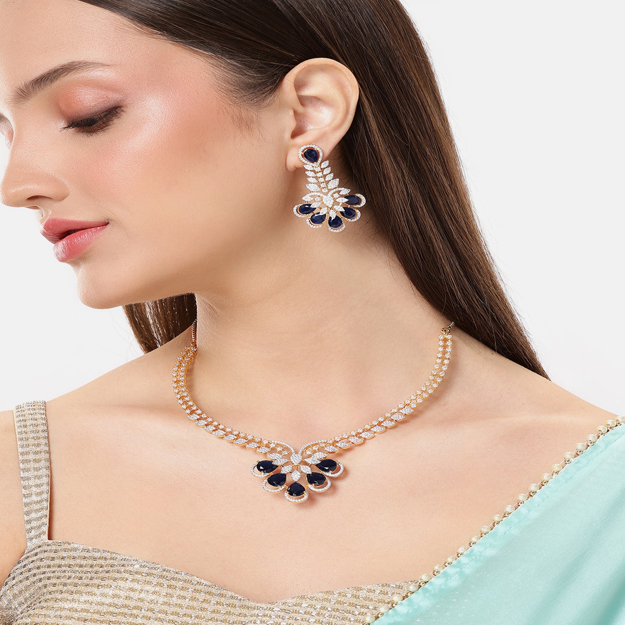 Gold Plated White & Blue AD-Studded Jewellery Set