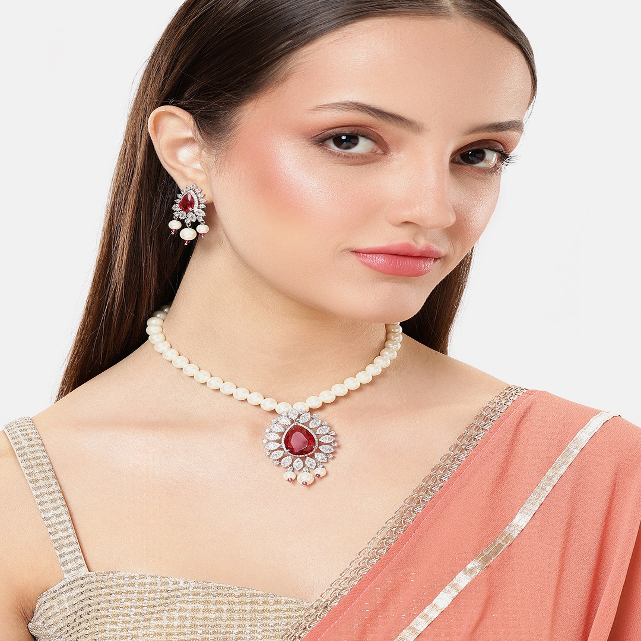 Rhodium-Plated Pearls & AD-Studded Rani Jewellery Set