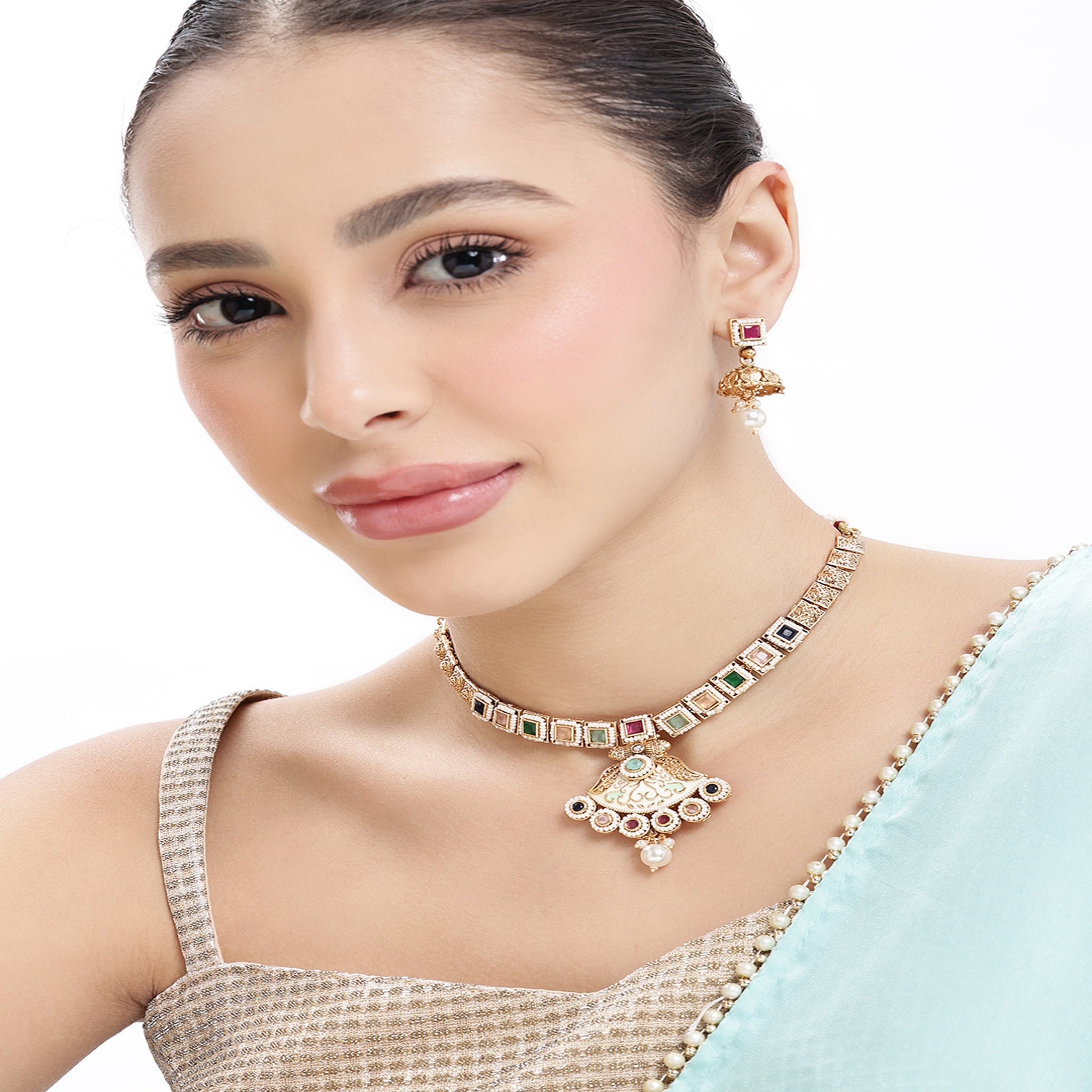 Gold Plated Antique Multi- Color Enamelled Necklace Set