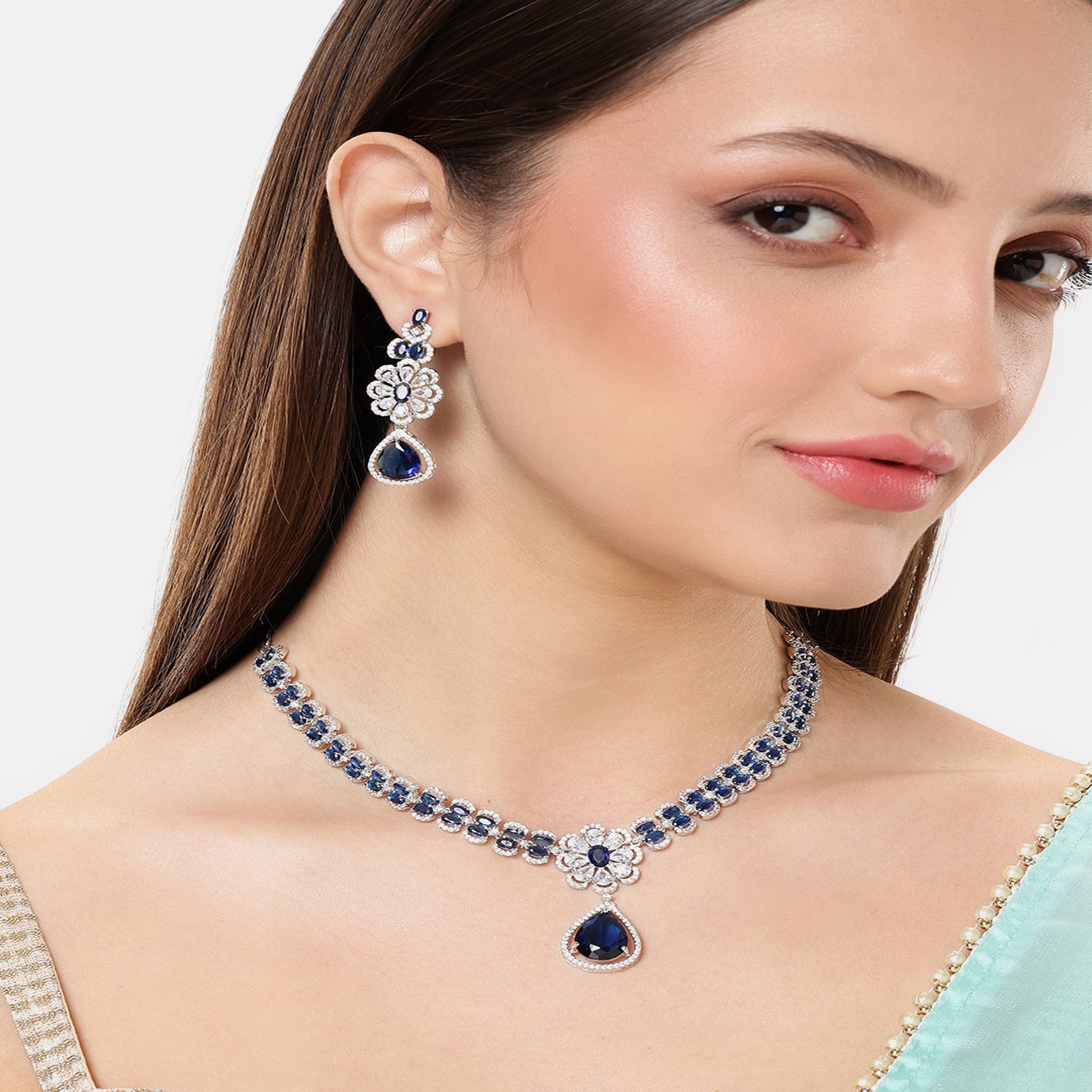 Rhodium-Plated Silver-Toned & Blue AD-Studded Jewellery Set