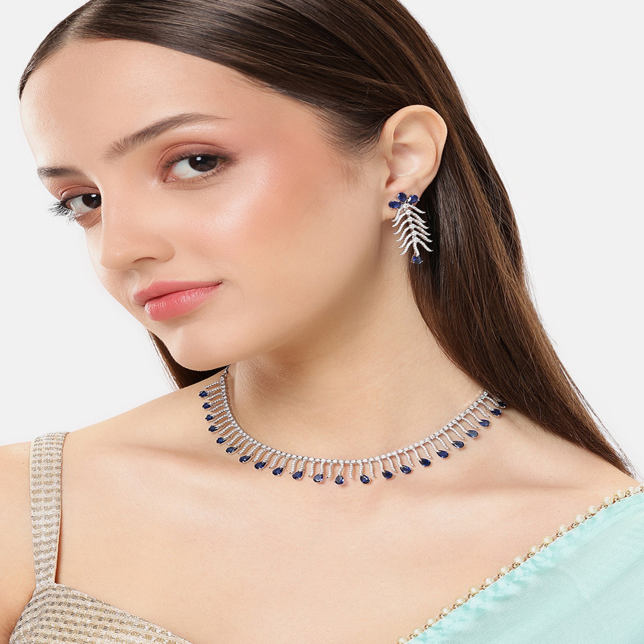 Rhodium-Plated White & Blue AD-Studded Jewellery Set