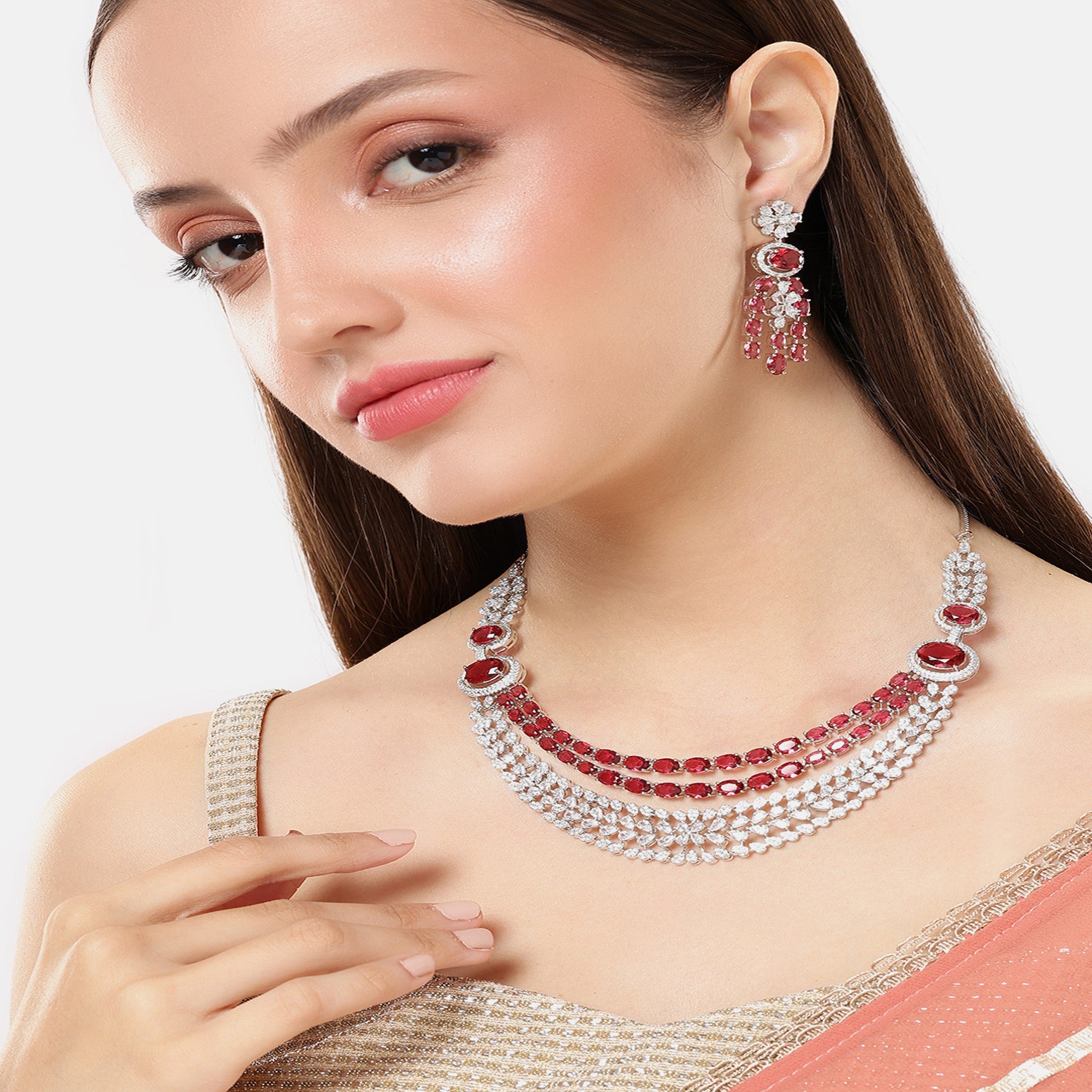 Rhodium-Plated Silver-Toned & Rani AD-Studded Jewellery Set