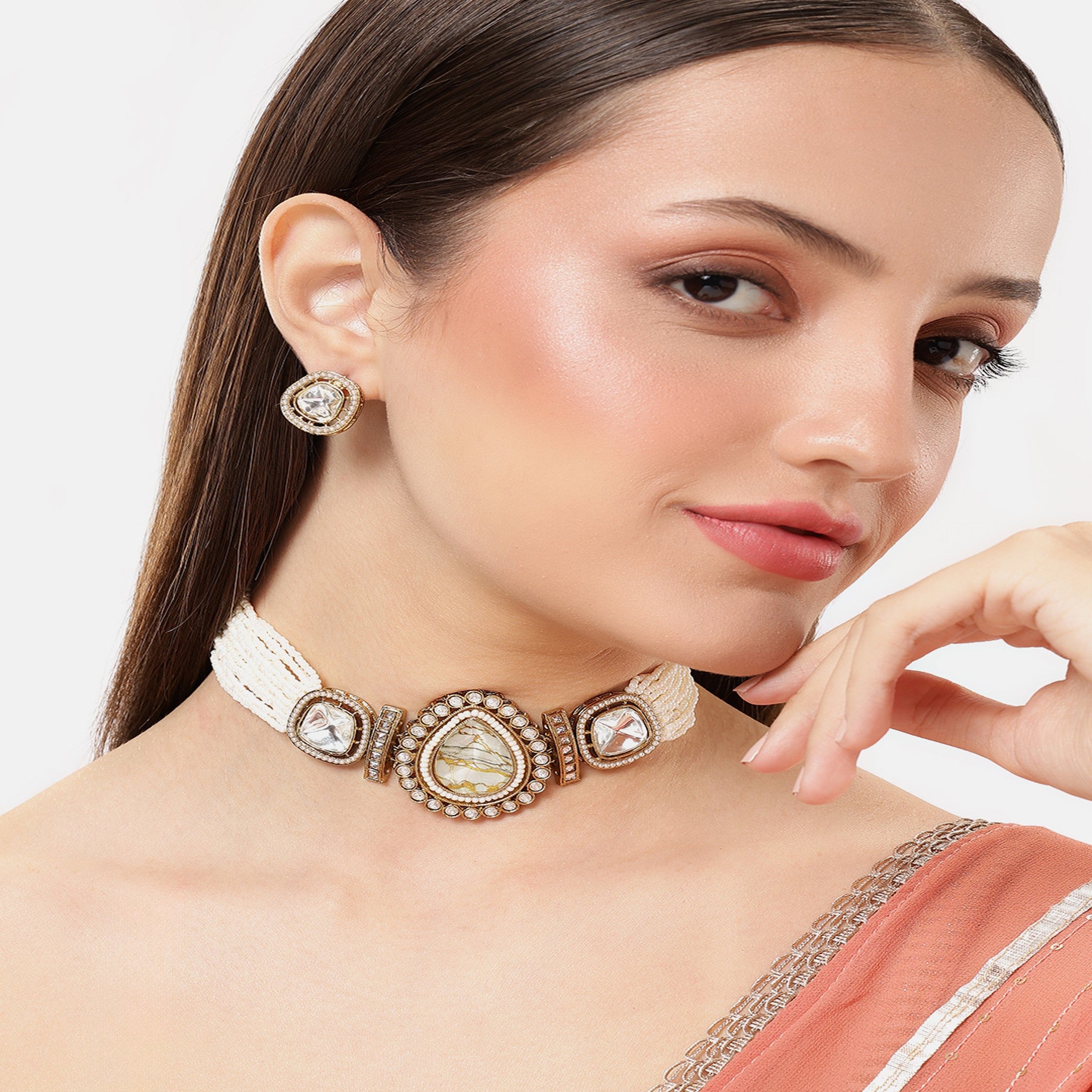 Antique Pearl Beaded White Choker Necklace Set