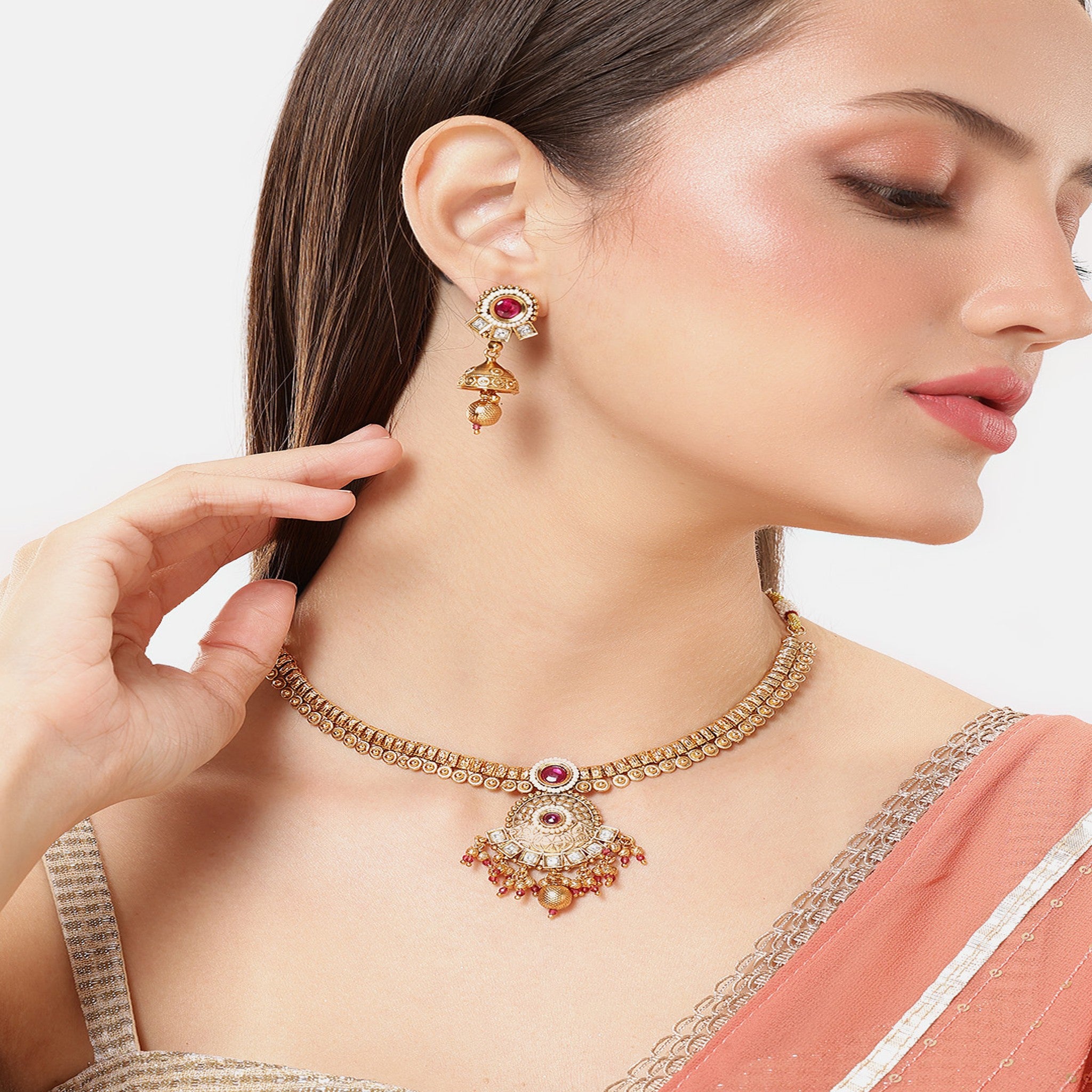 Gold Plated Antique Delicate Ruby Necklace Set