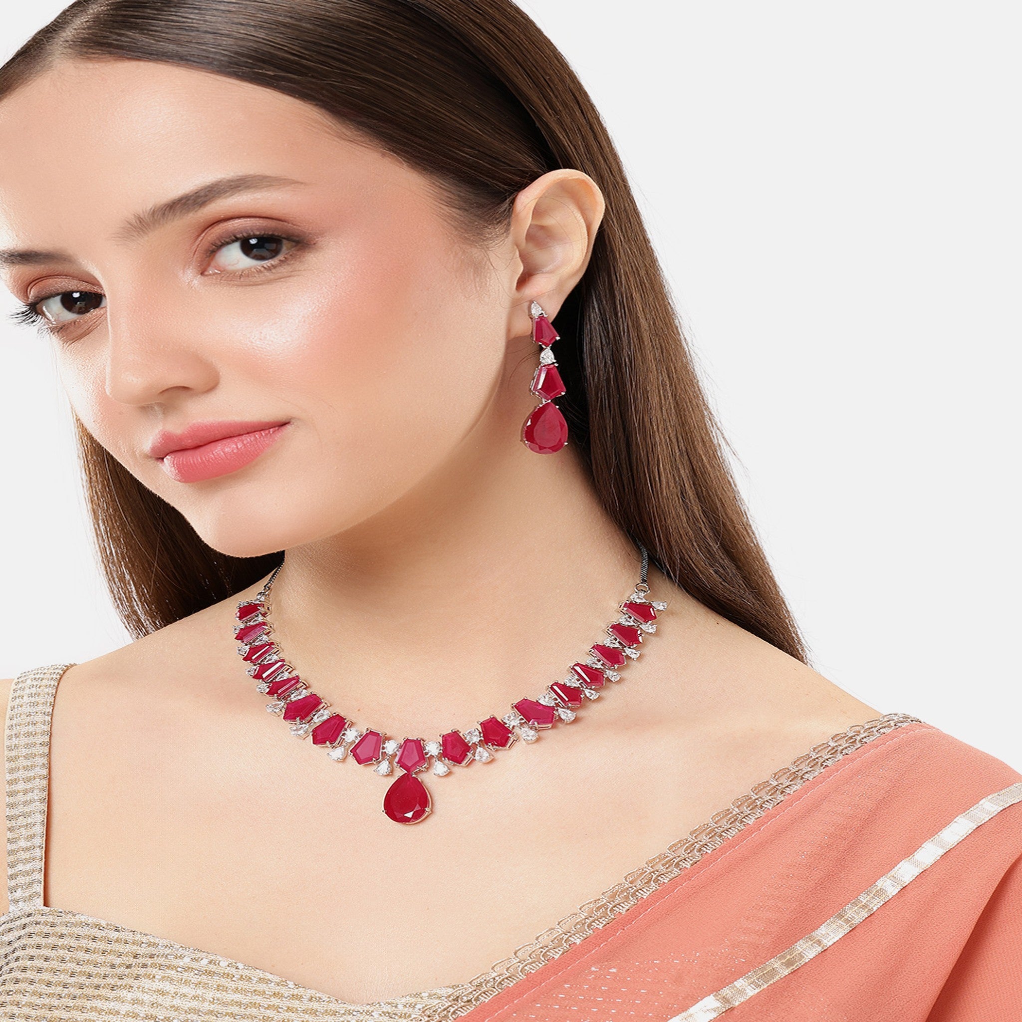 Rhodium-Plated Silver-Toned & Ruby Pink AD-Studded Jewellery Set