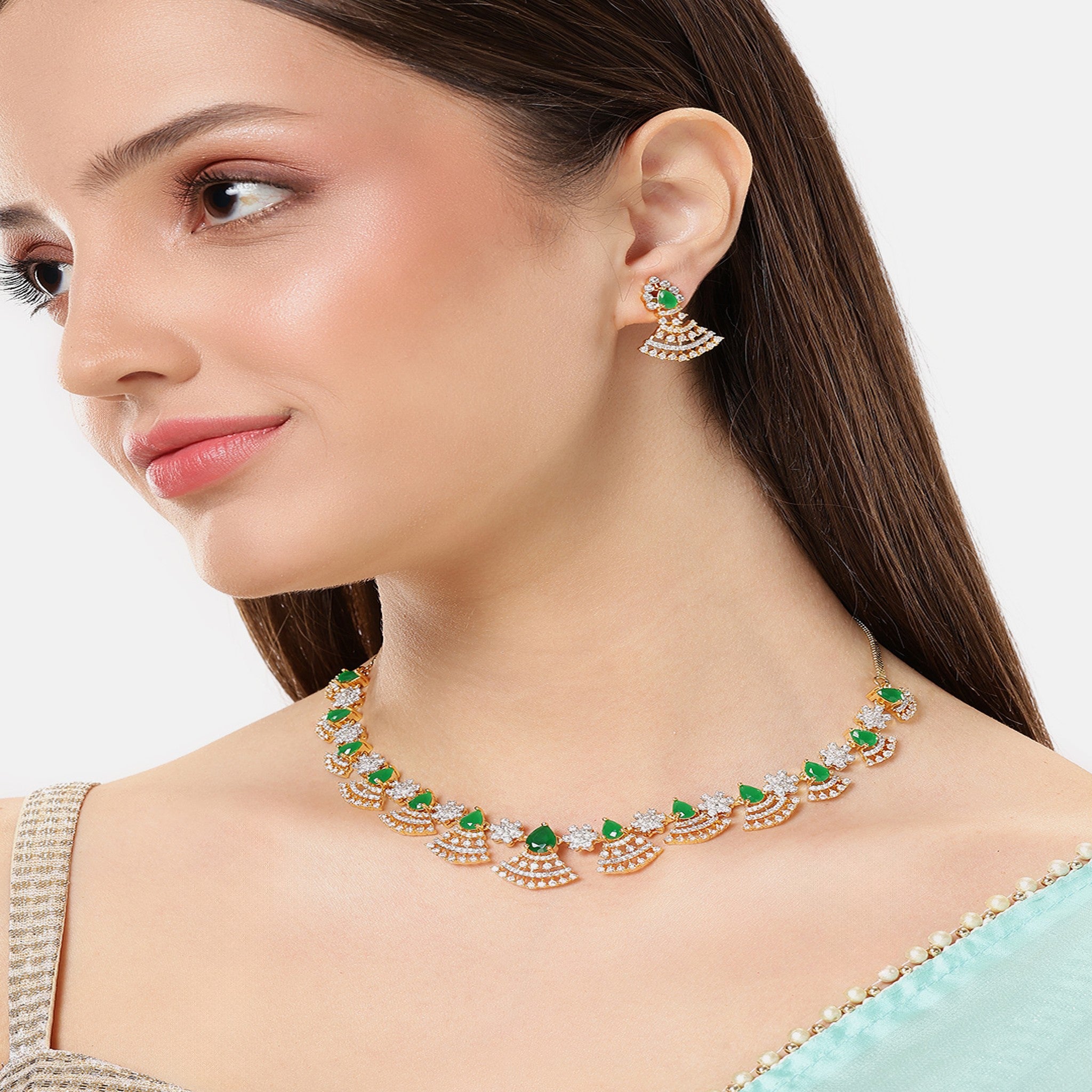Gold Plated White & Green AD-Studded Jewellery Set