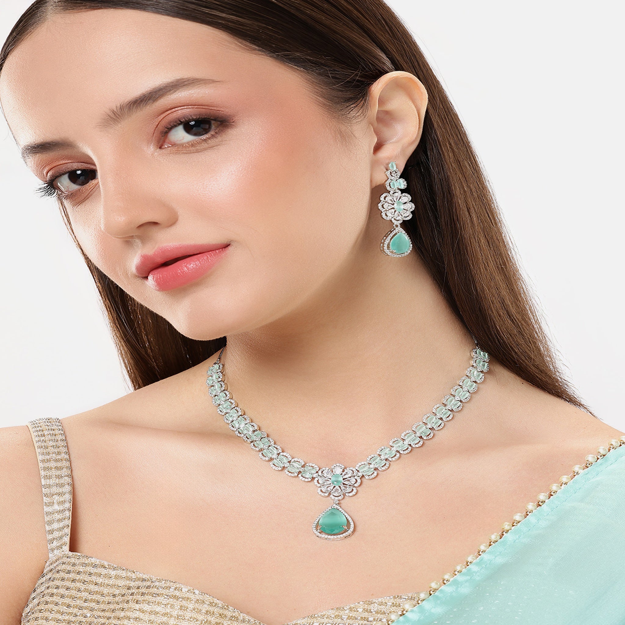 Rhodium-Plated Silver-Toned & Mint AD-Studded Jewellery Set