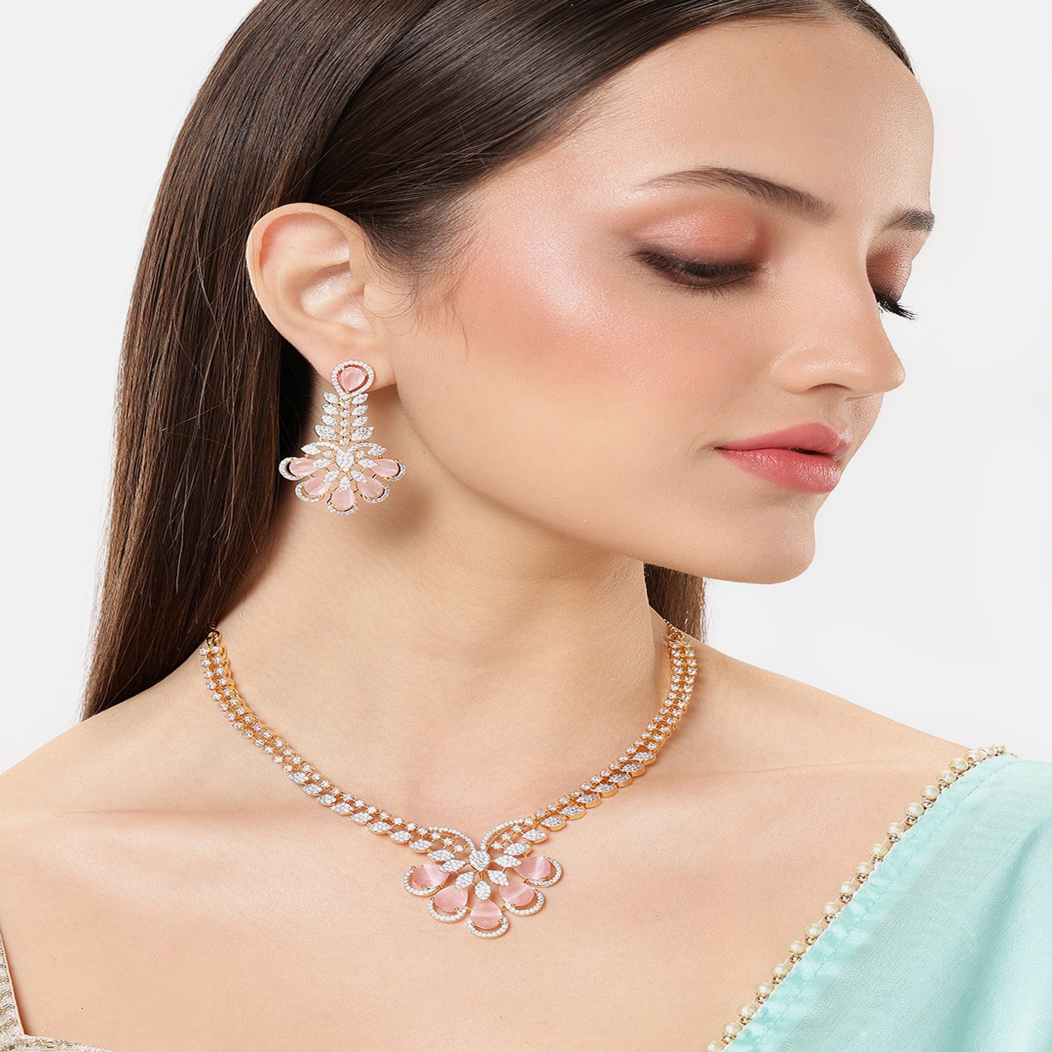 Gold Plated White & Pink AD-Studded Jewellery Set