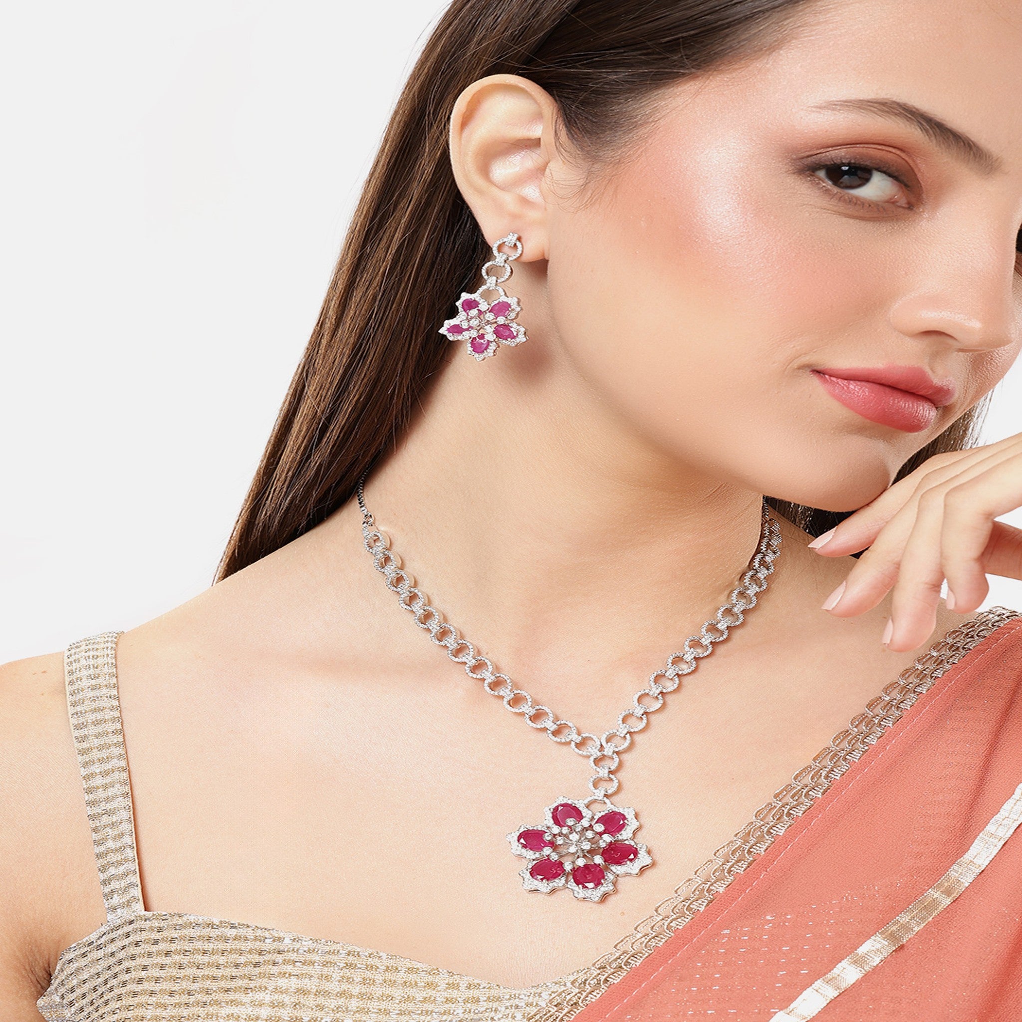 Rhodium-Plated Silver-Toned & White & Ruby AD-Studded Jewellery Set