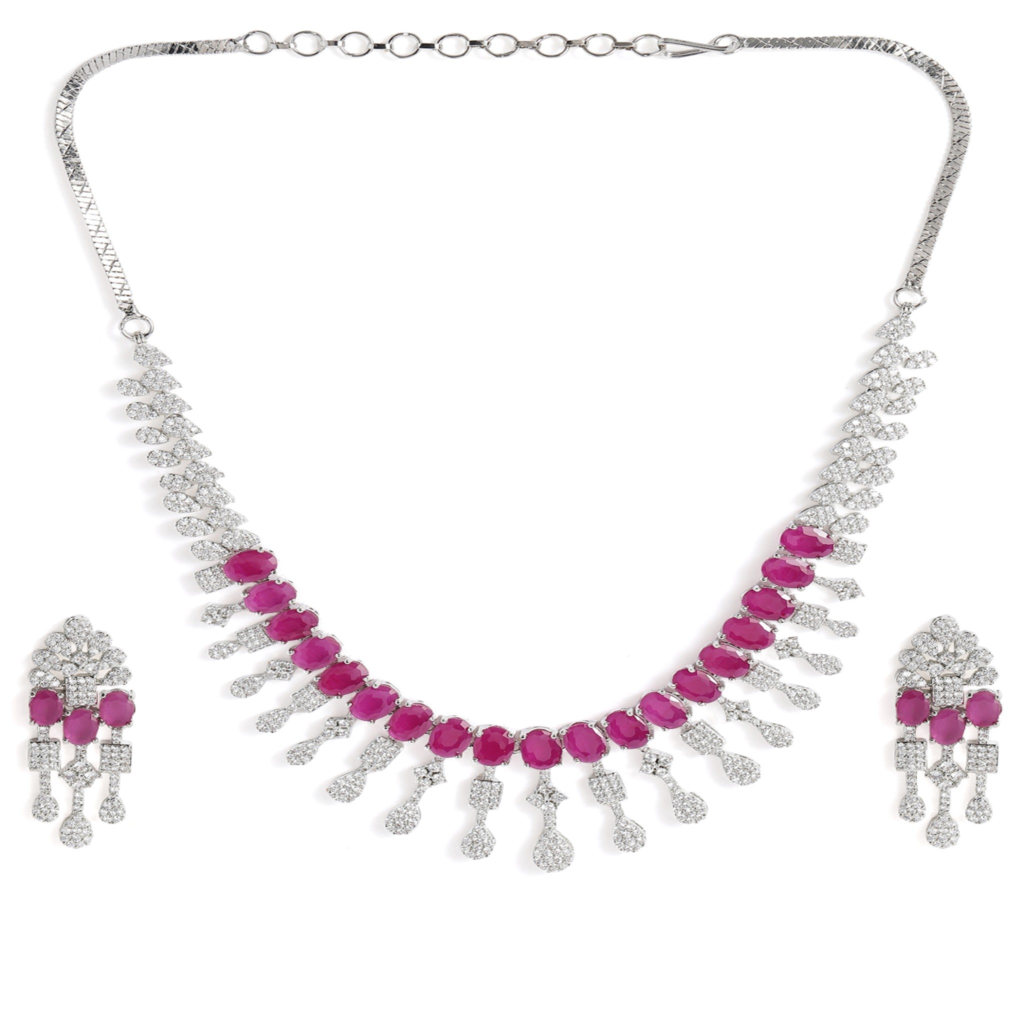 Rhodium-Plated Silver-Toned & Ruby AD-Studded Jewellery Set
