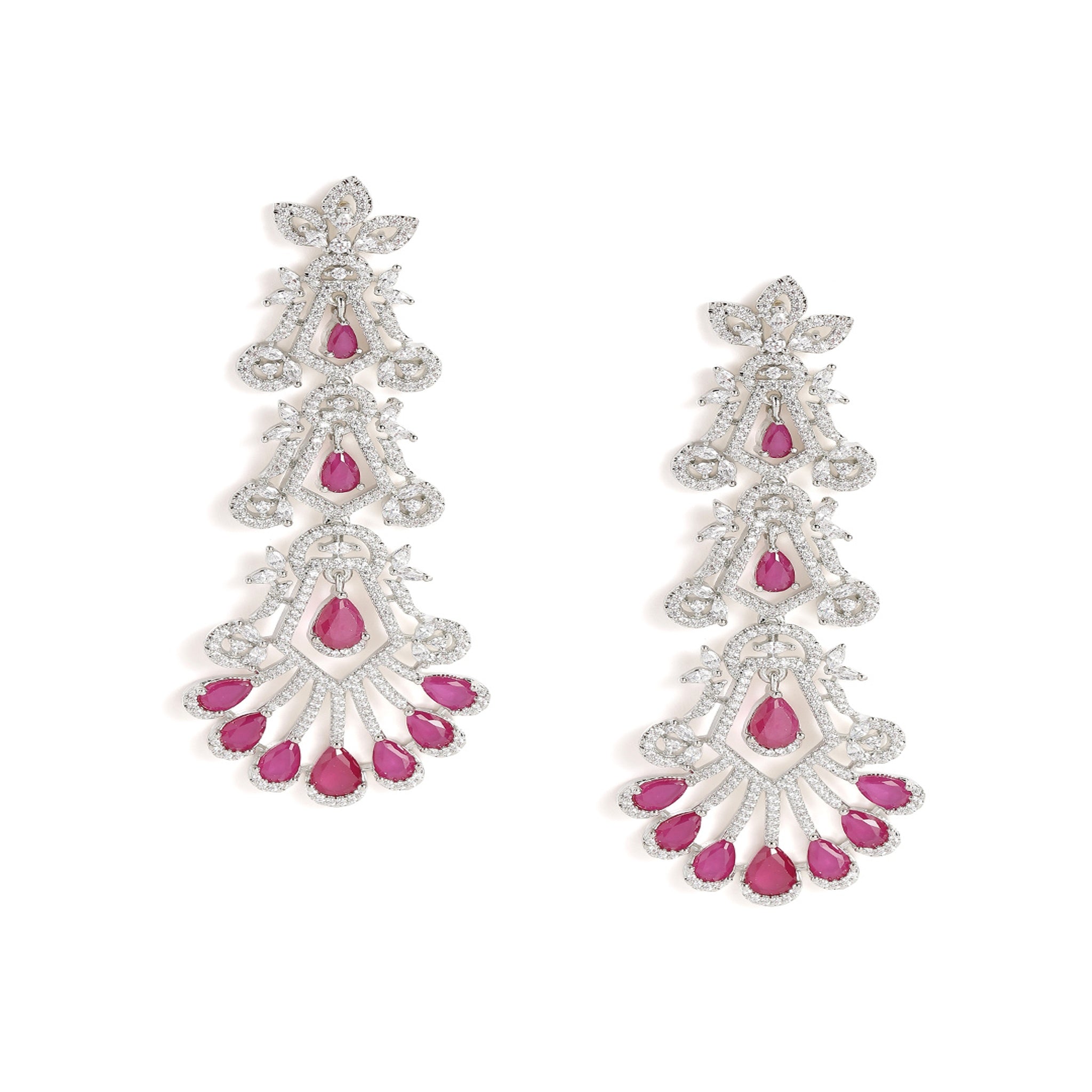 Silver-Toned Ruby Statement Dangler Long Earrings