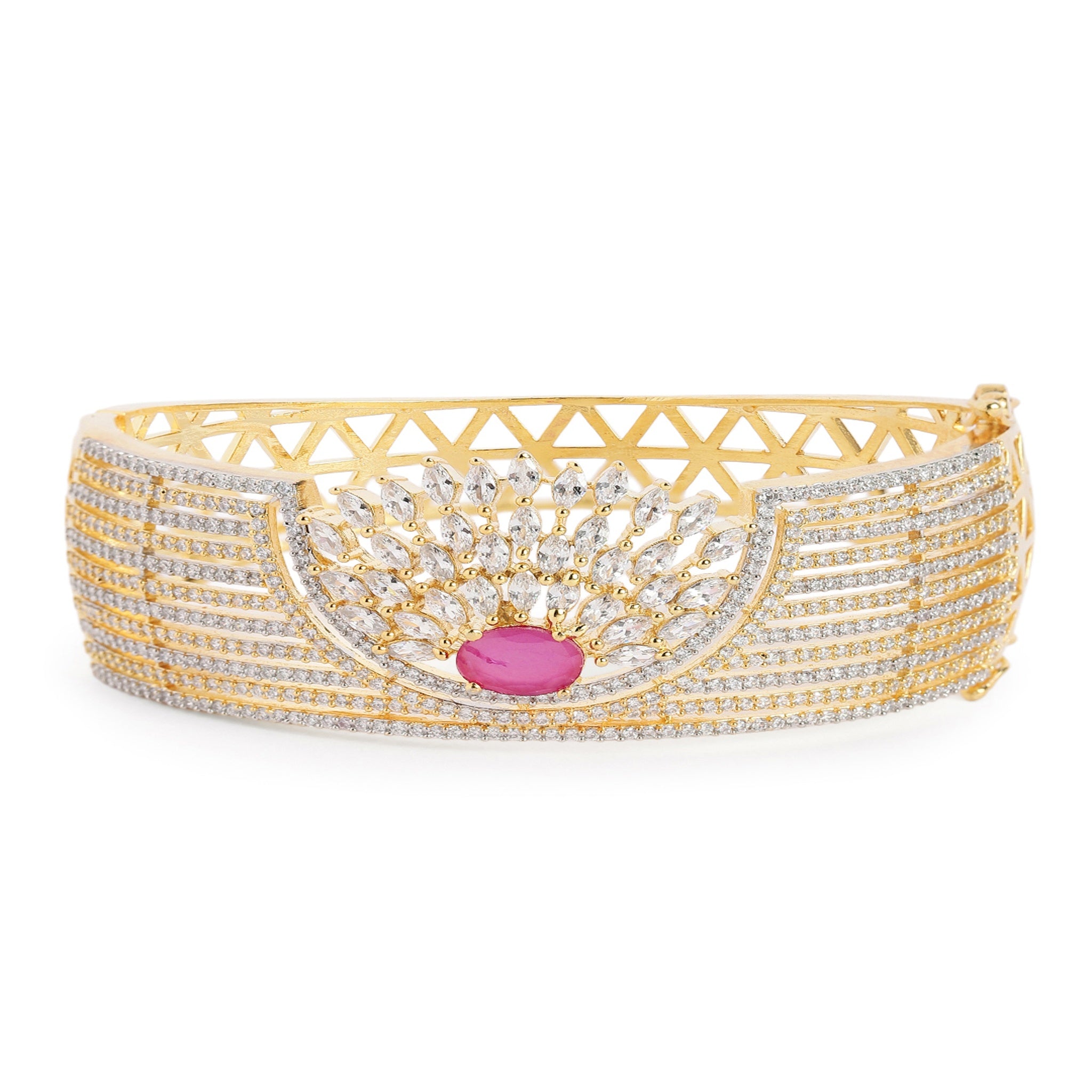 Women Cubic Zirconia Gold-Plated Kada Bracelet-Ruby