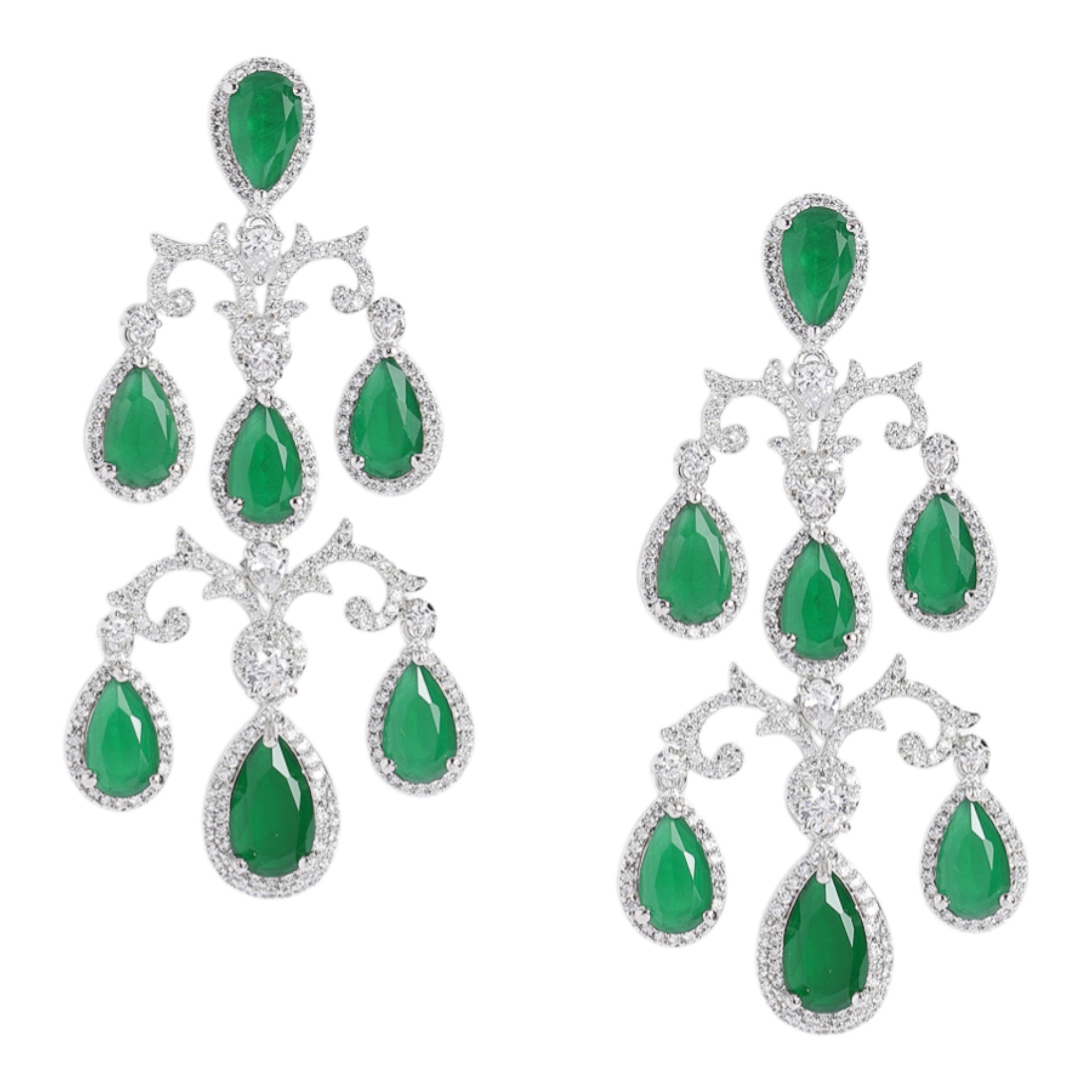 Silver-Toned Emerald Green American Diamonds Long Earrings