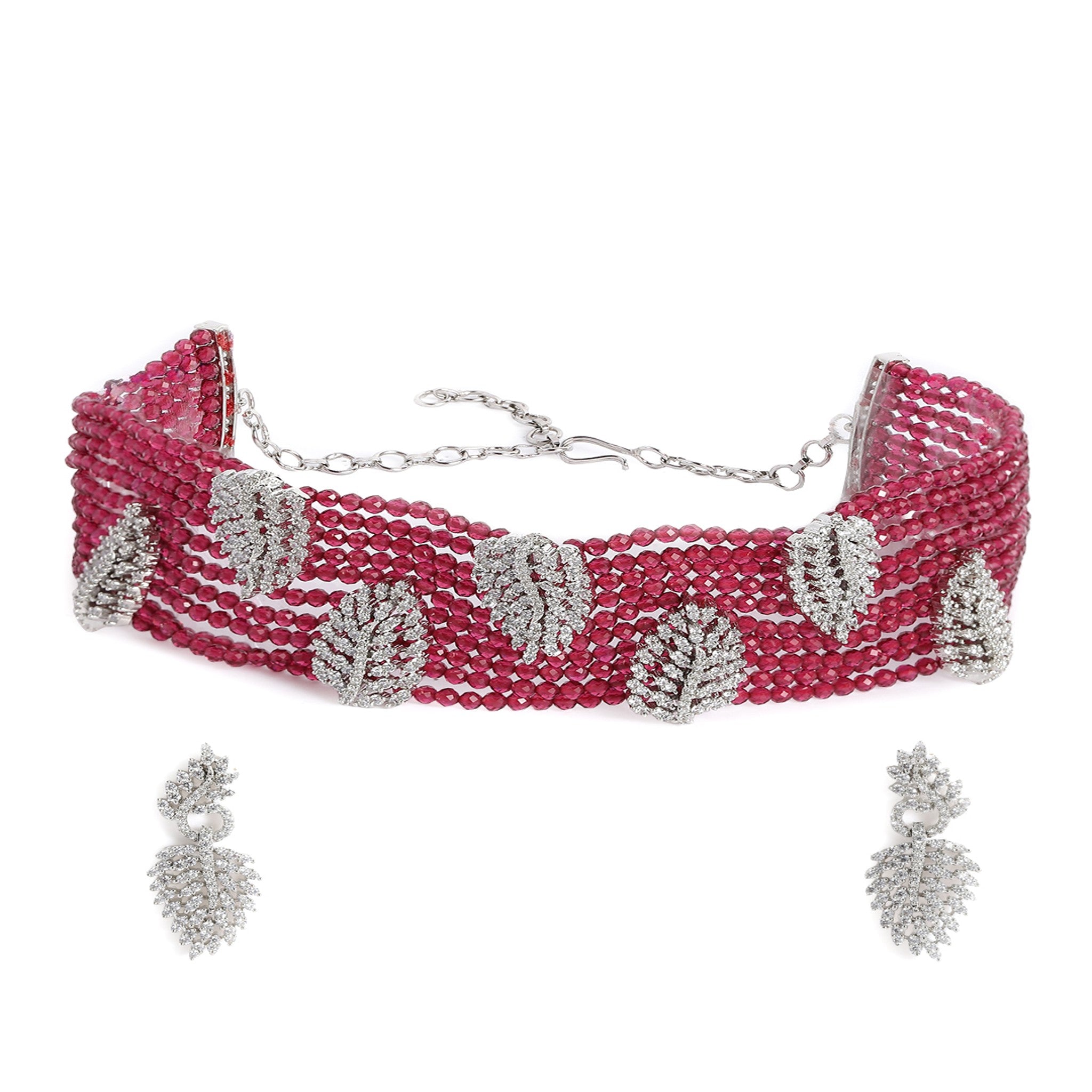 Rhodium-Plated Ruby Choker AD-Studded Jewellery Set