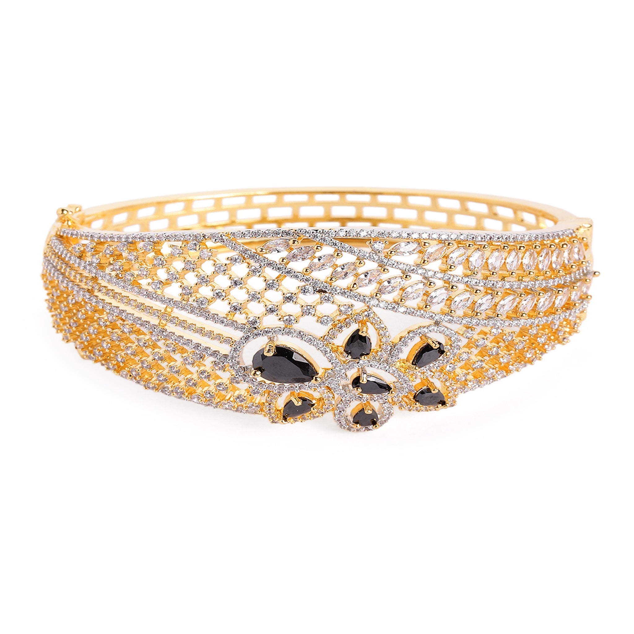 Women Cubic Zirconia Handcrafted Gold-Plated Kada Bracelet-Black