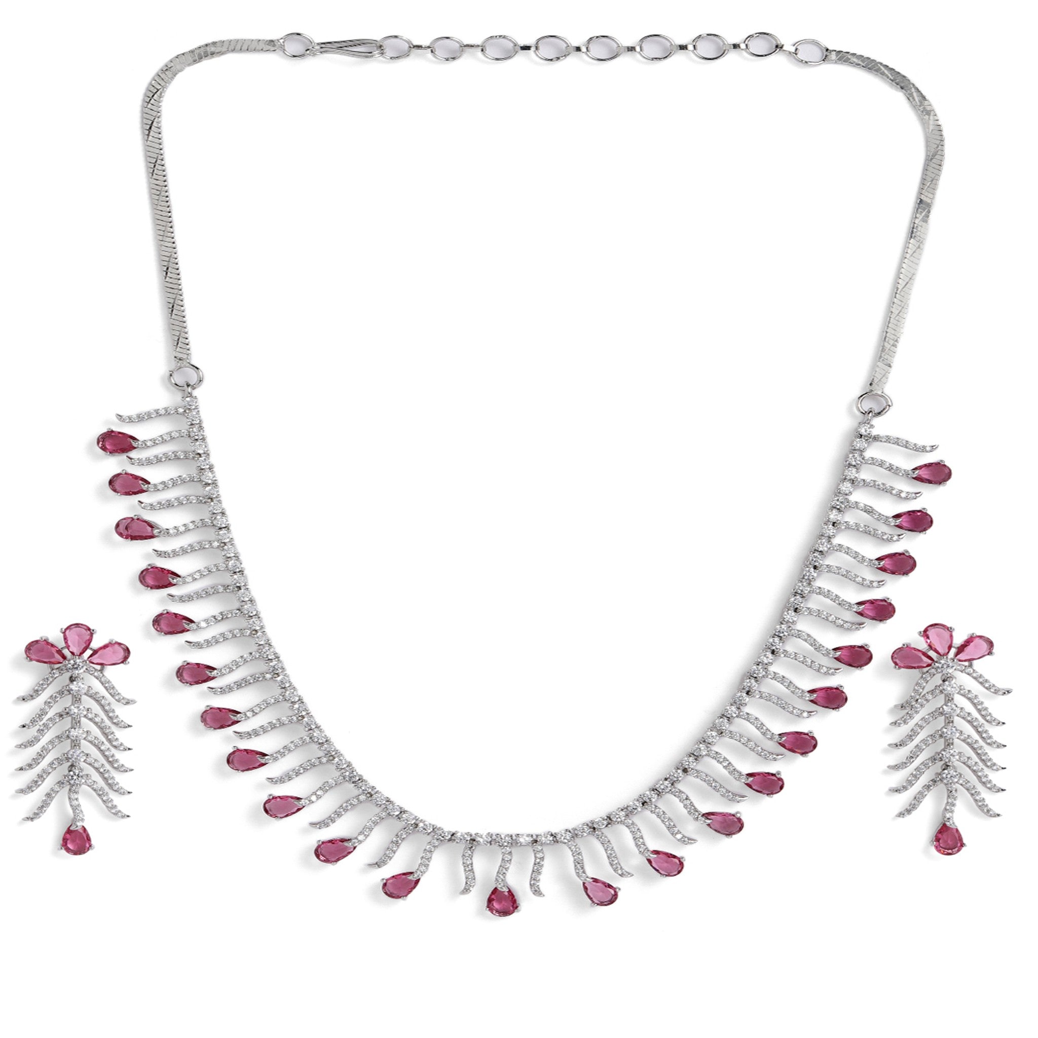 Rhodium-Plated White & Rani AD-Studded Jewellery Set