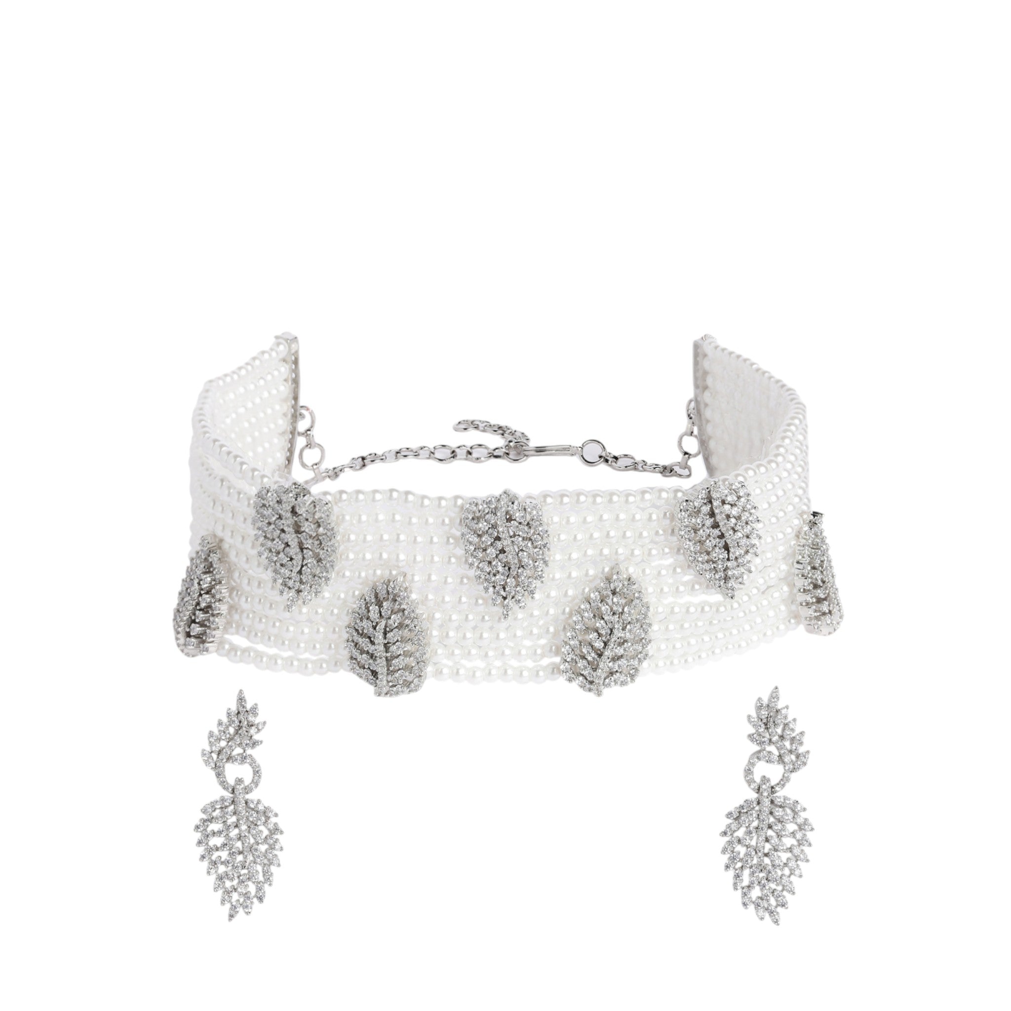 Rhodium-Plated White Choker AD-Studded Jewellery Set