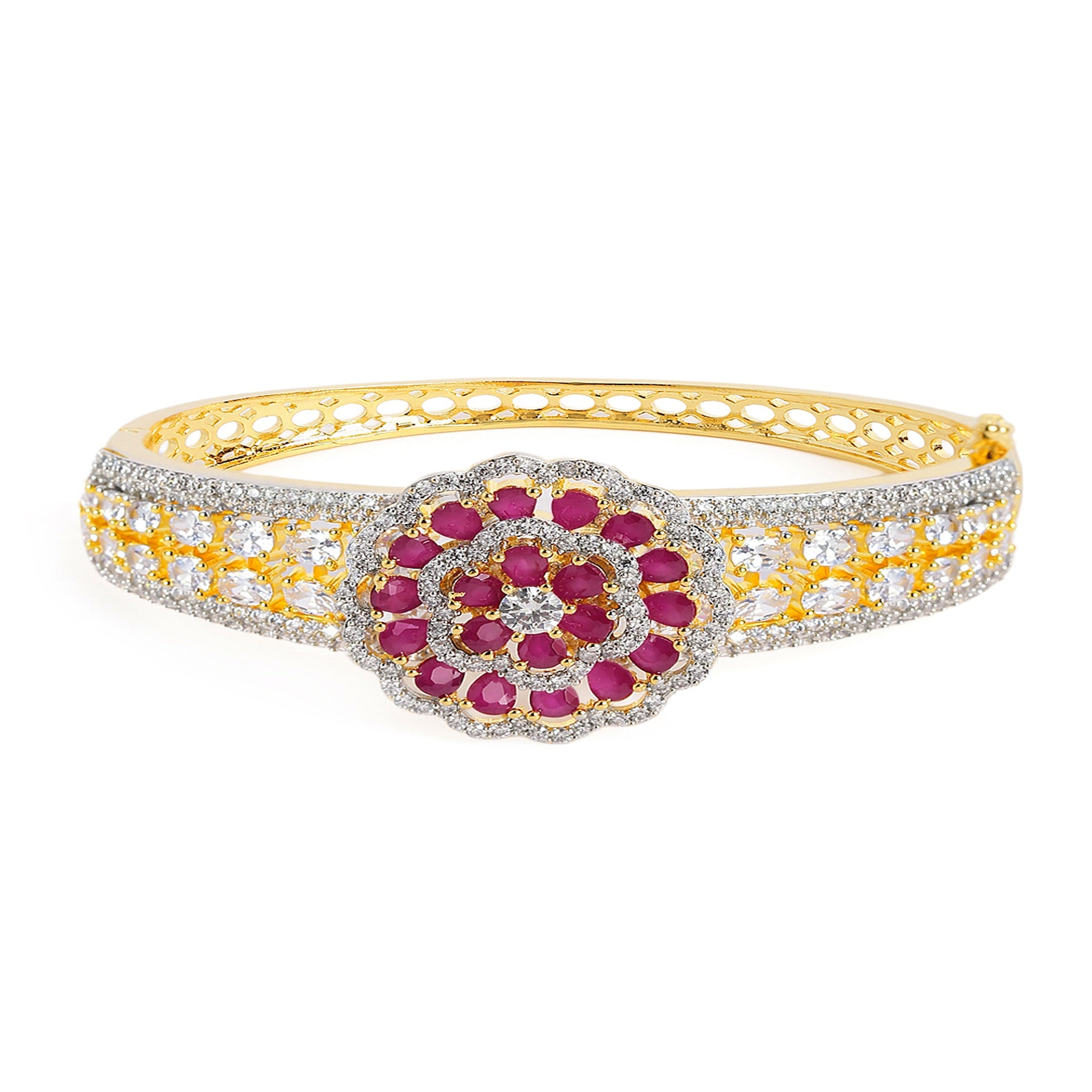 Women Cubic Zirconia Gold-Plated Kada Bracelet-Ruby