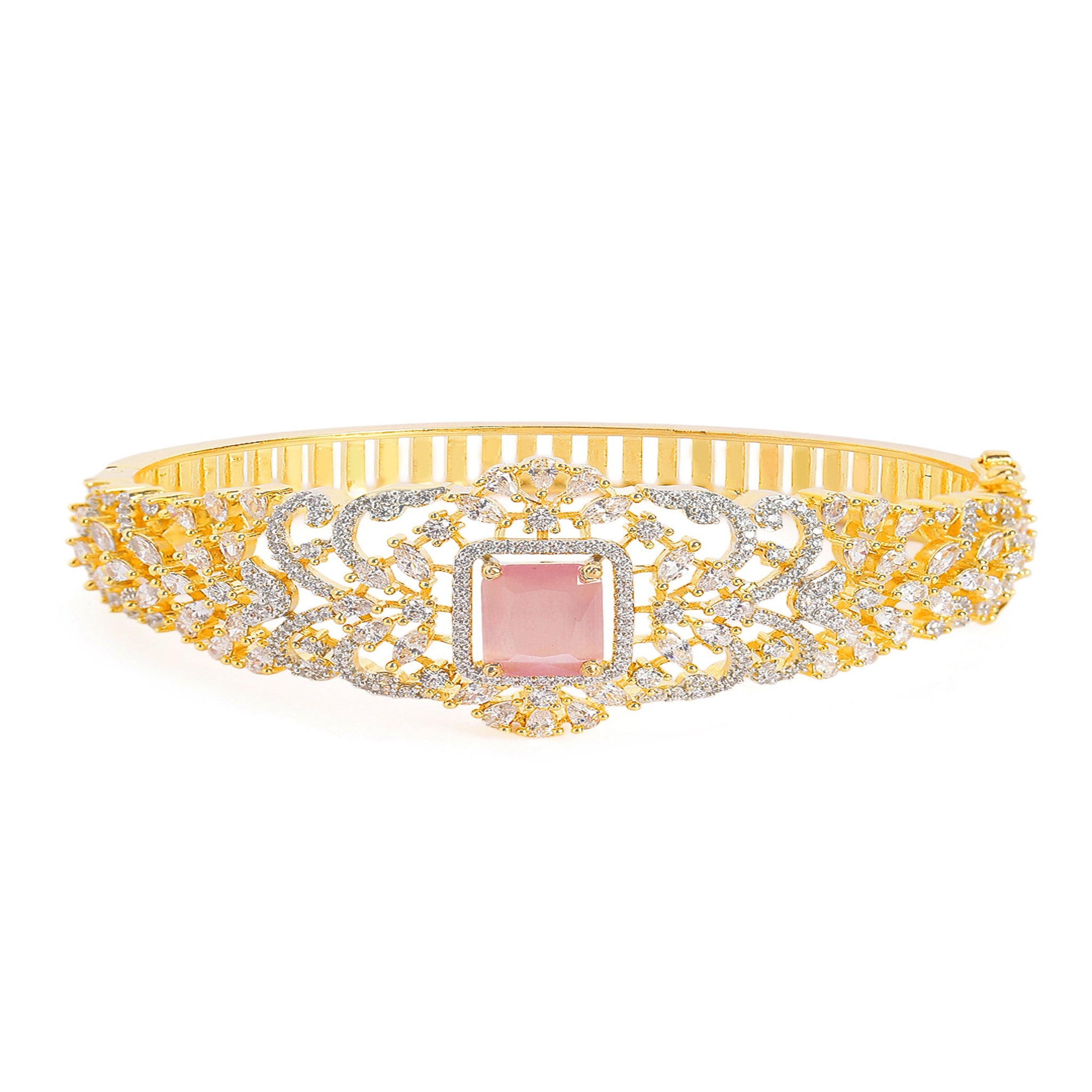 Women Gold-Plated Cubic Zirconia Studded Kada Bracelet-Pink