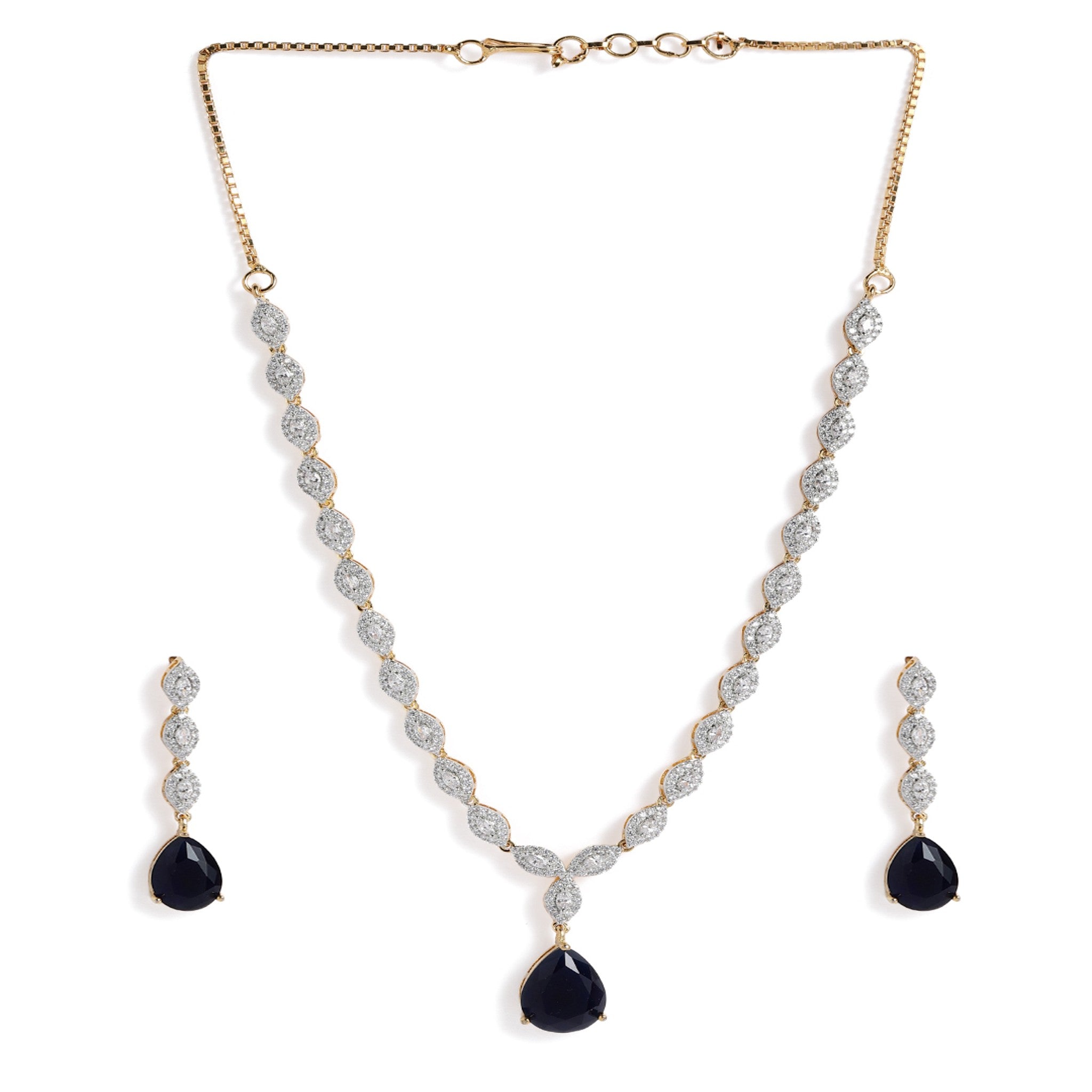 Gold Plated AD-Studded Navy Blue Jewellery Set