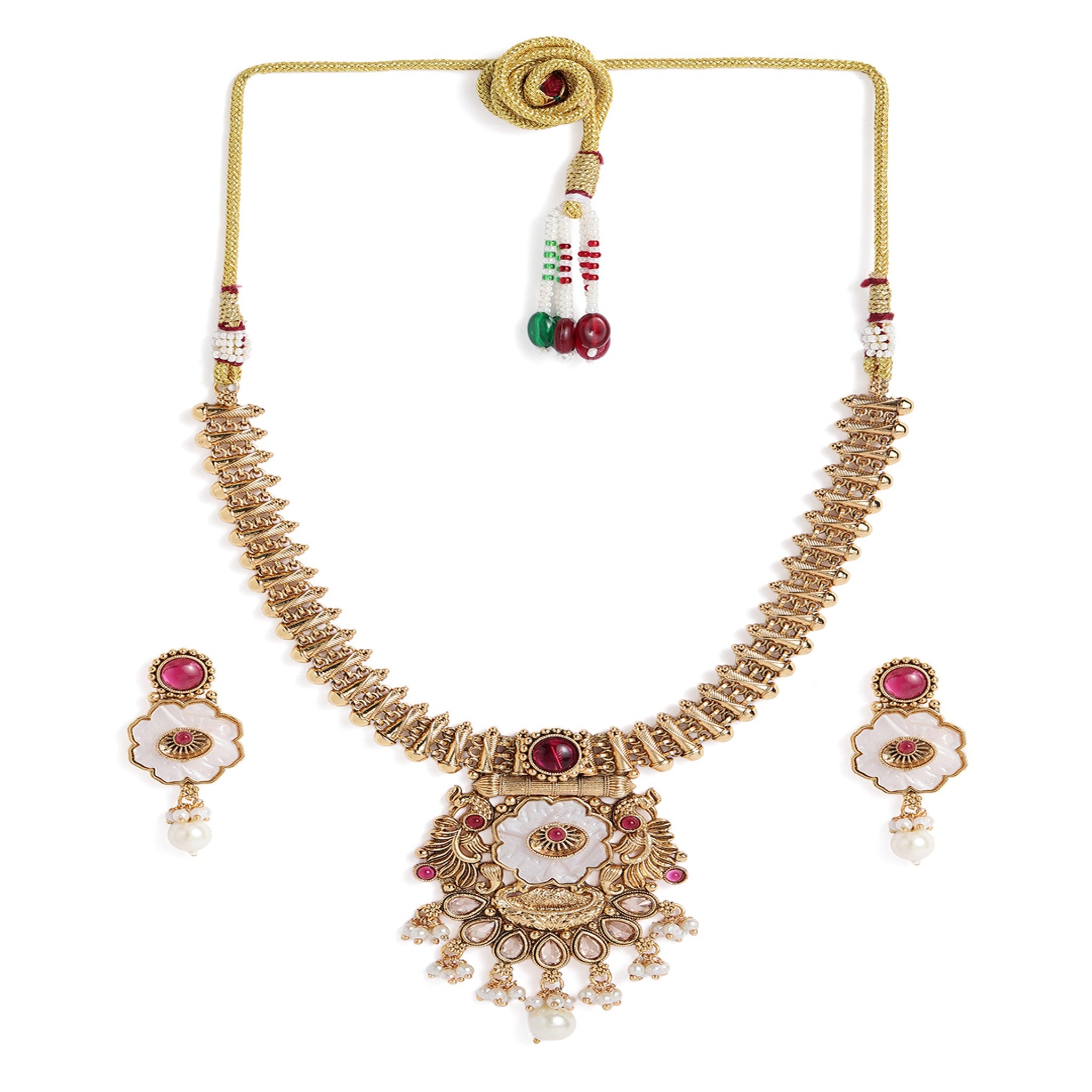 Gold Plated Mother Of Pearl Ruby Necklace Set
