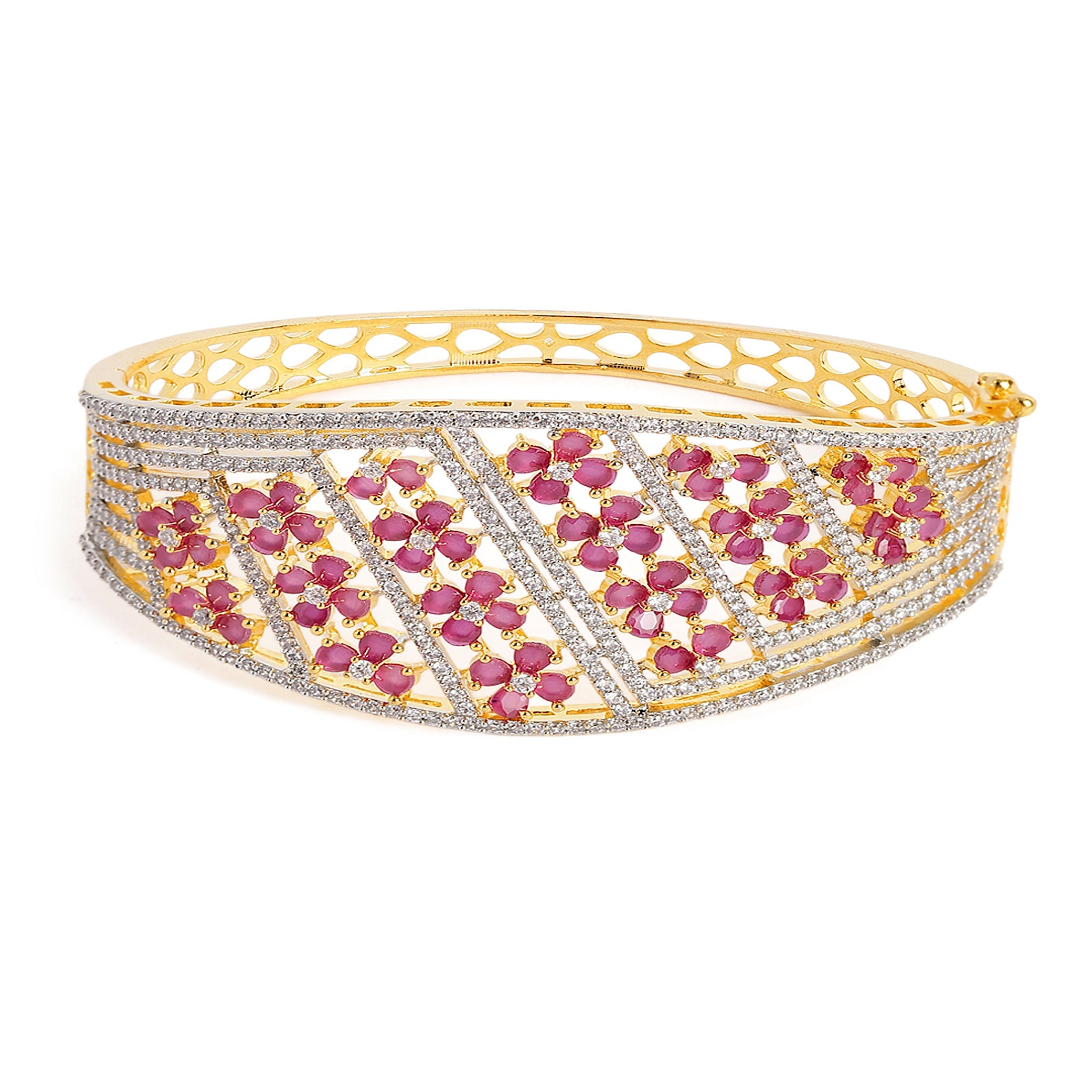 Cubic Zirconia Gold-Plated Kada Bracelet-Ruby