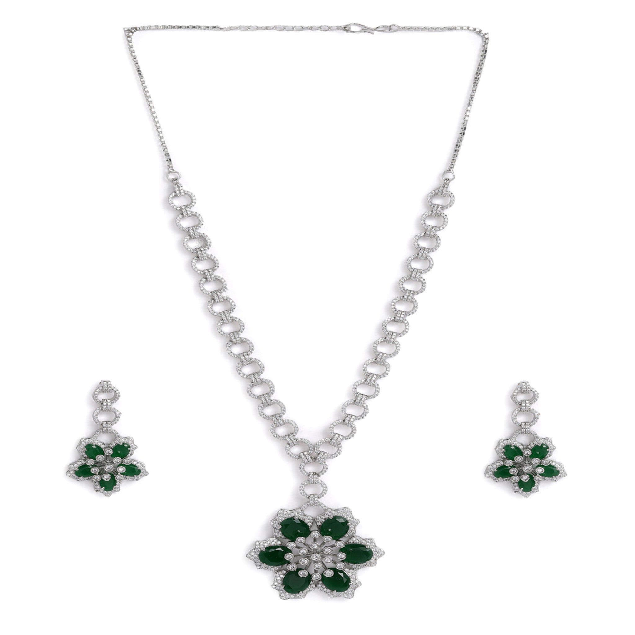 Rhodium-Plated Silver-Toned & White & Green AD-Studded Jewellery Set
