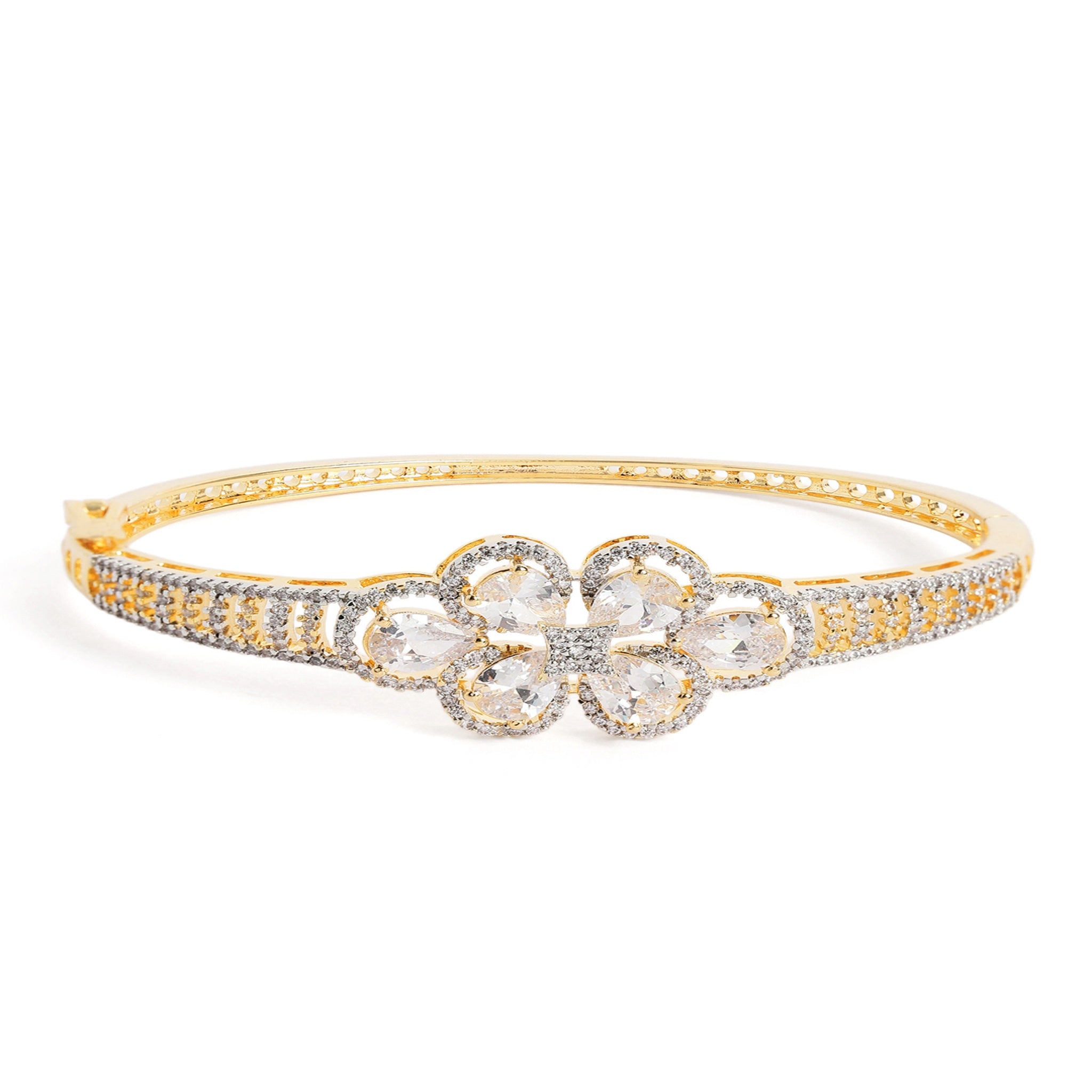 Women Cubic Zirconia Gold-Plated Kada Bracelet-White