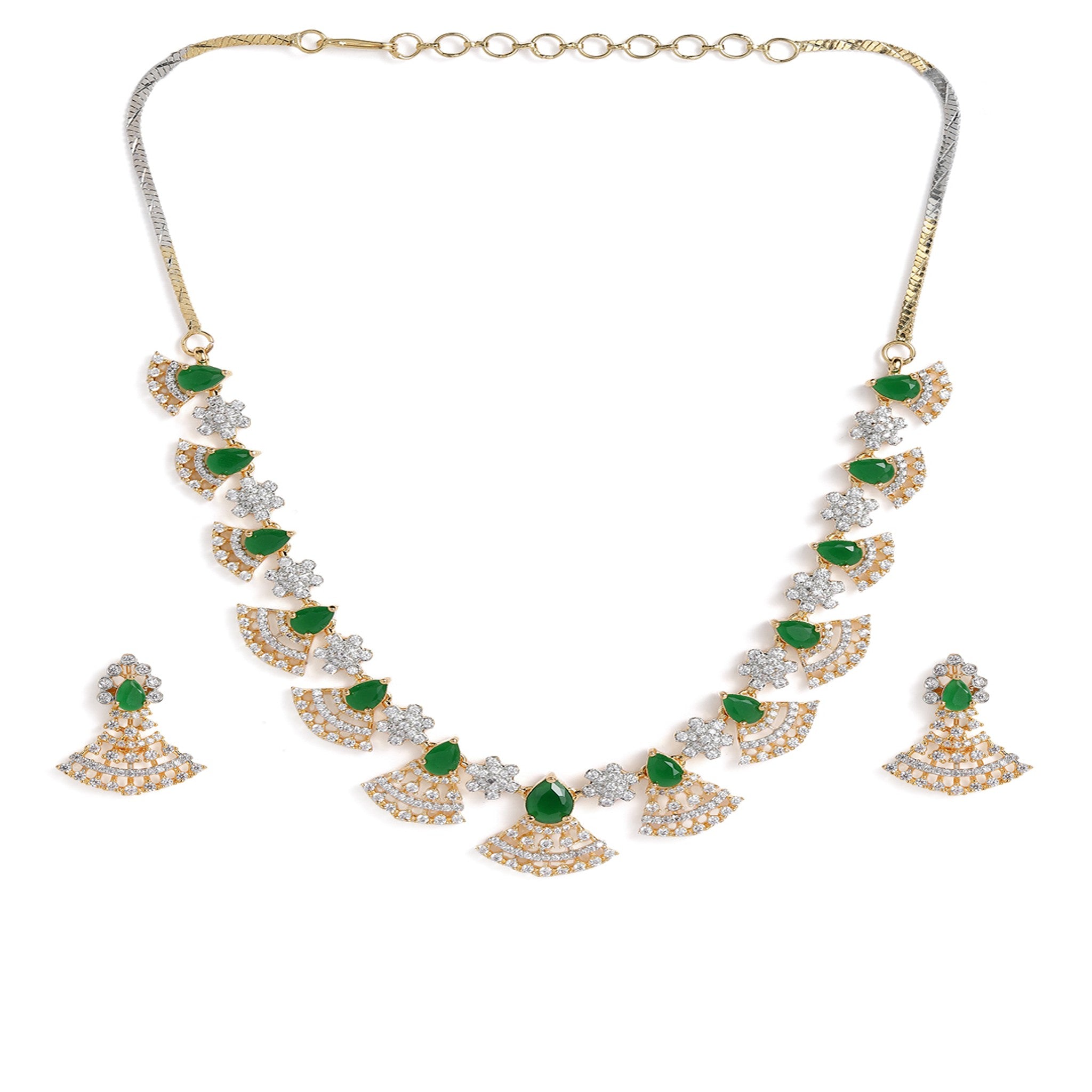 Gold Plated White & Green AD-Studded Jewellery Set